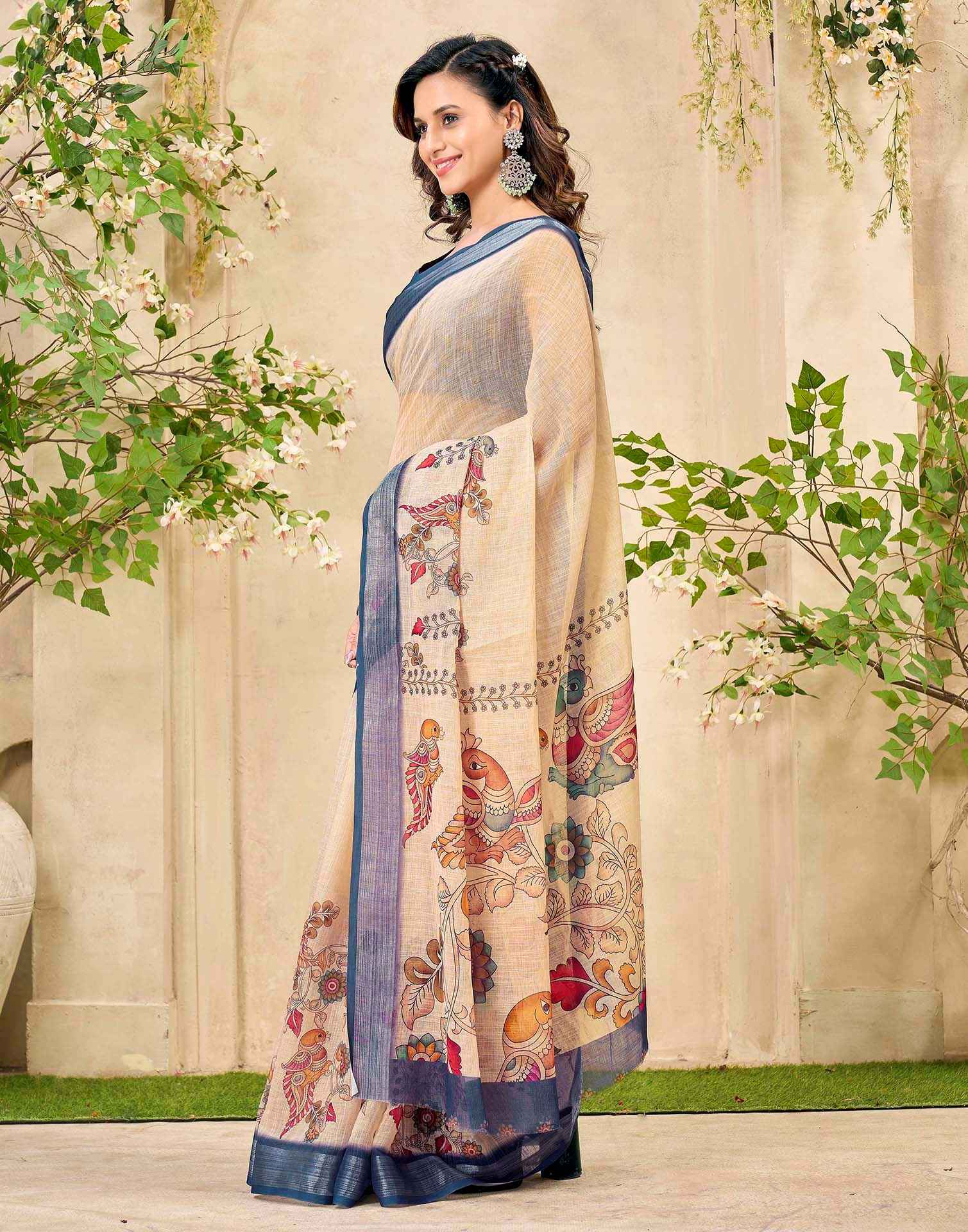Beige Cotton Printed Saree - Image 6