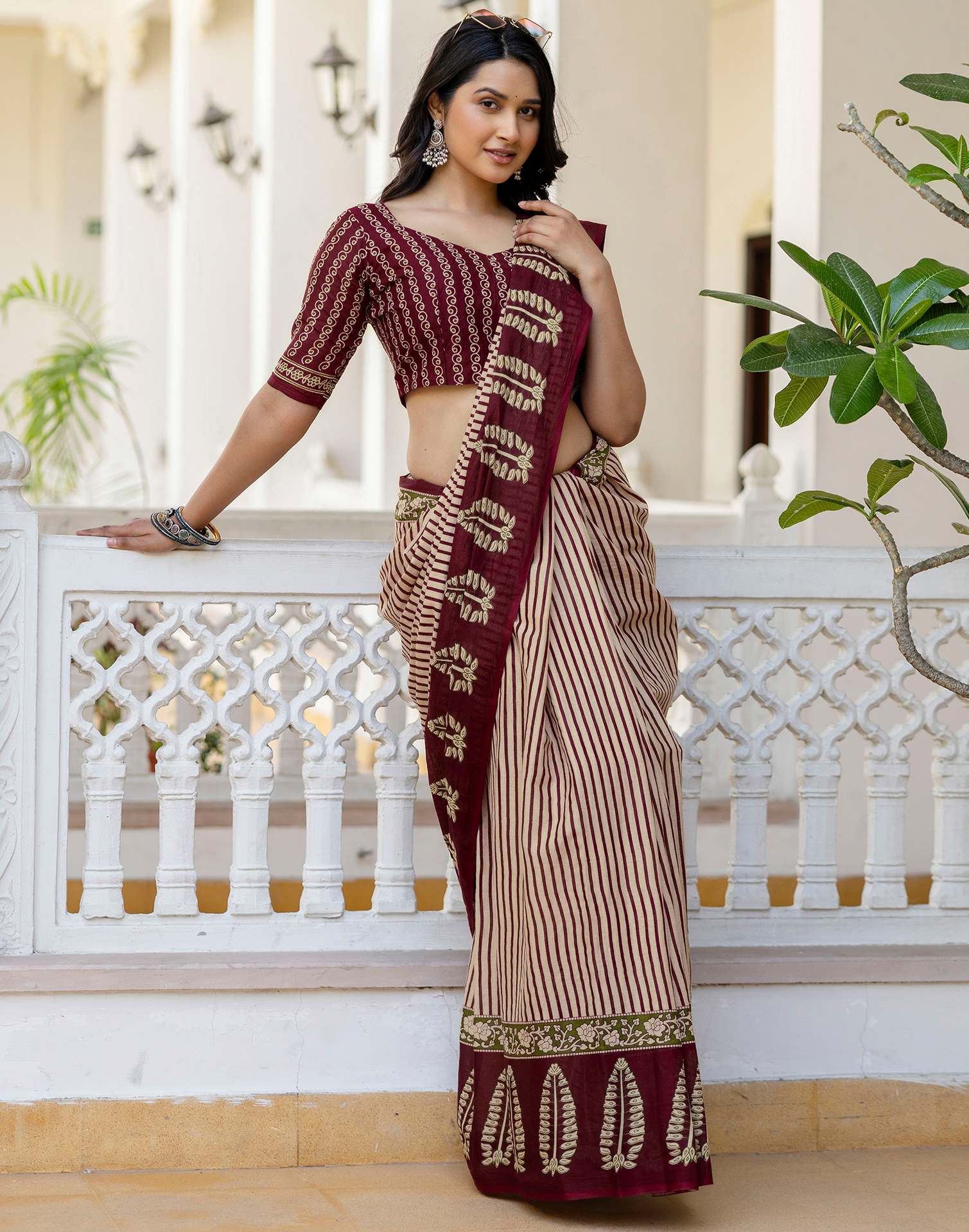 Beige Cotton Printed Saree - Image 10