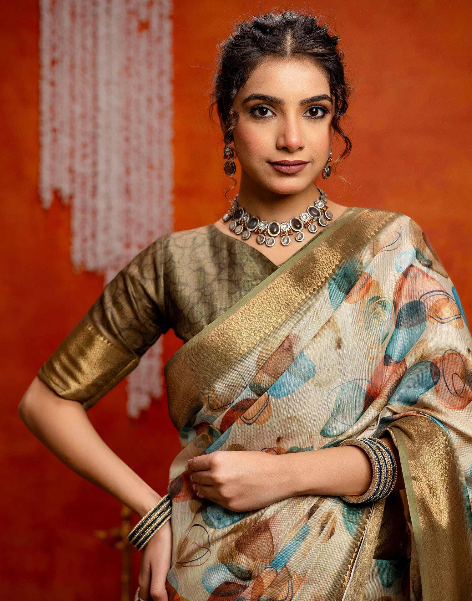 Beige Cotton Printed Woven Saree - Image 6
