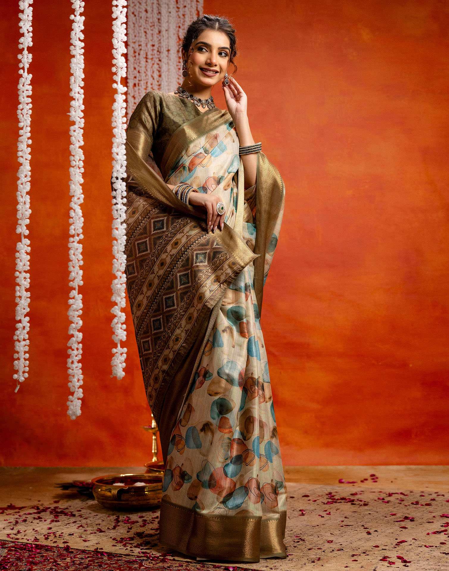 Beige Cotton Printed Woven Saree - Image 7