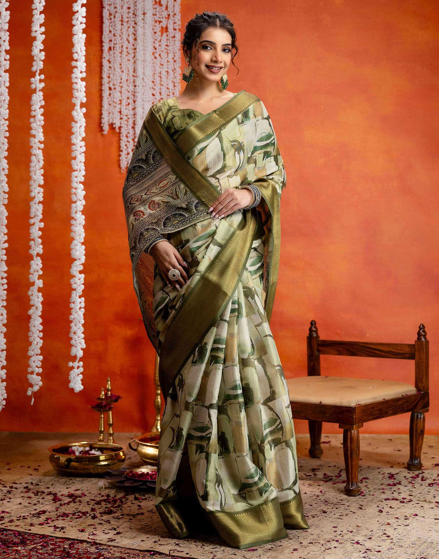 Beige Cotton Printed Woven Saree - Image 6