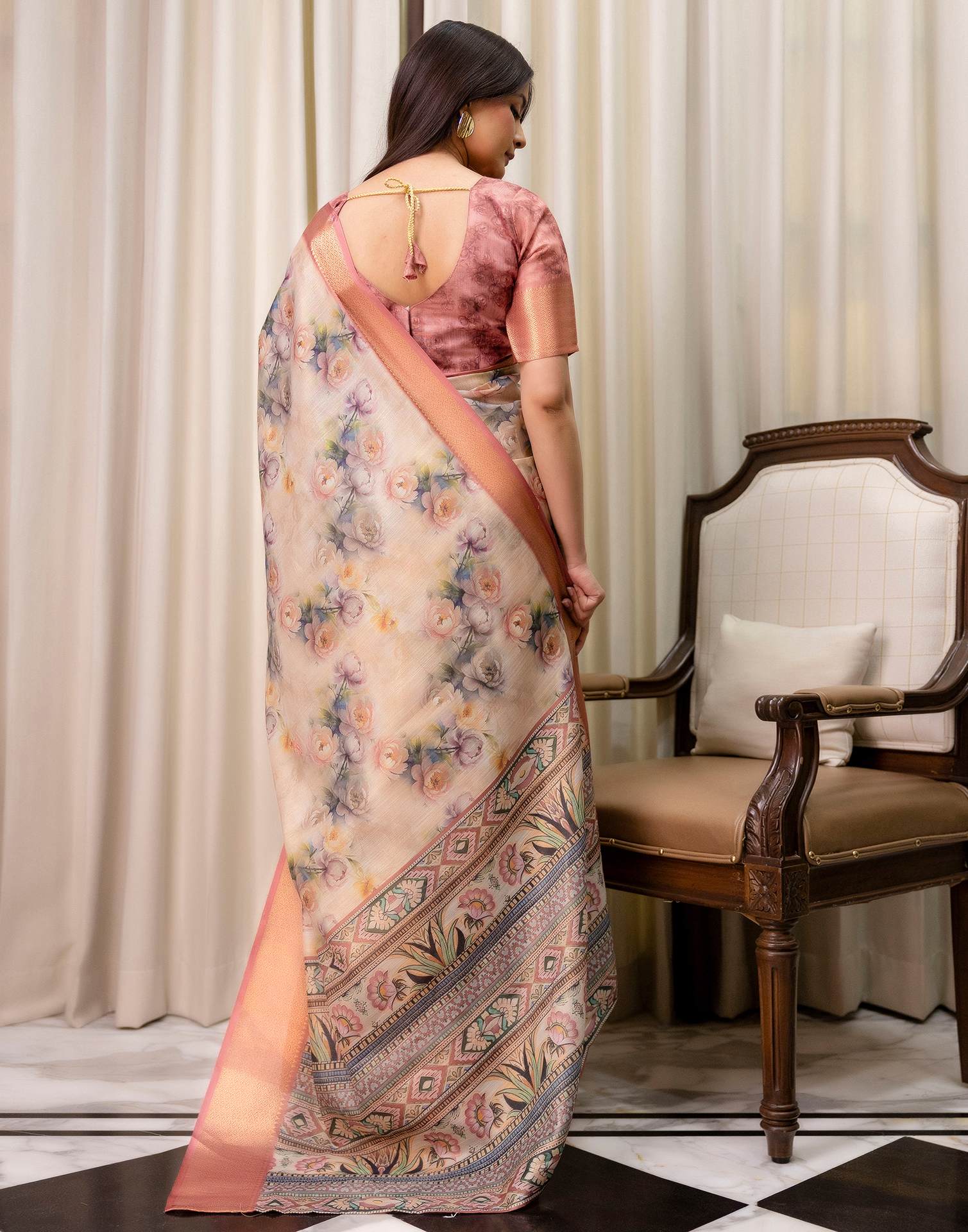 Beige Cotton Silk Floral Printed Saree - Image 6