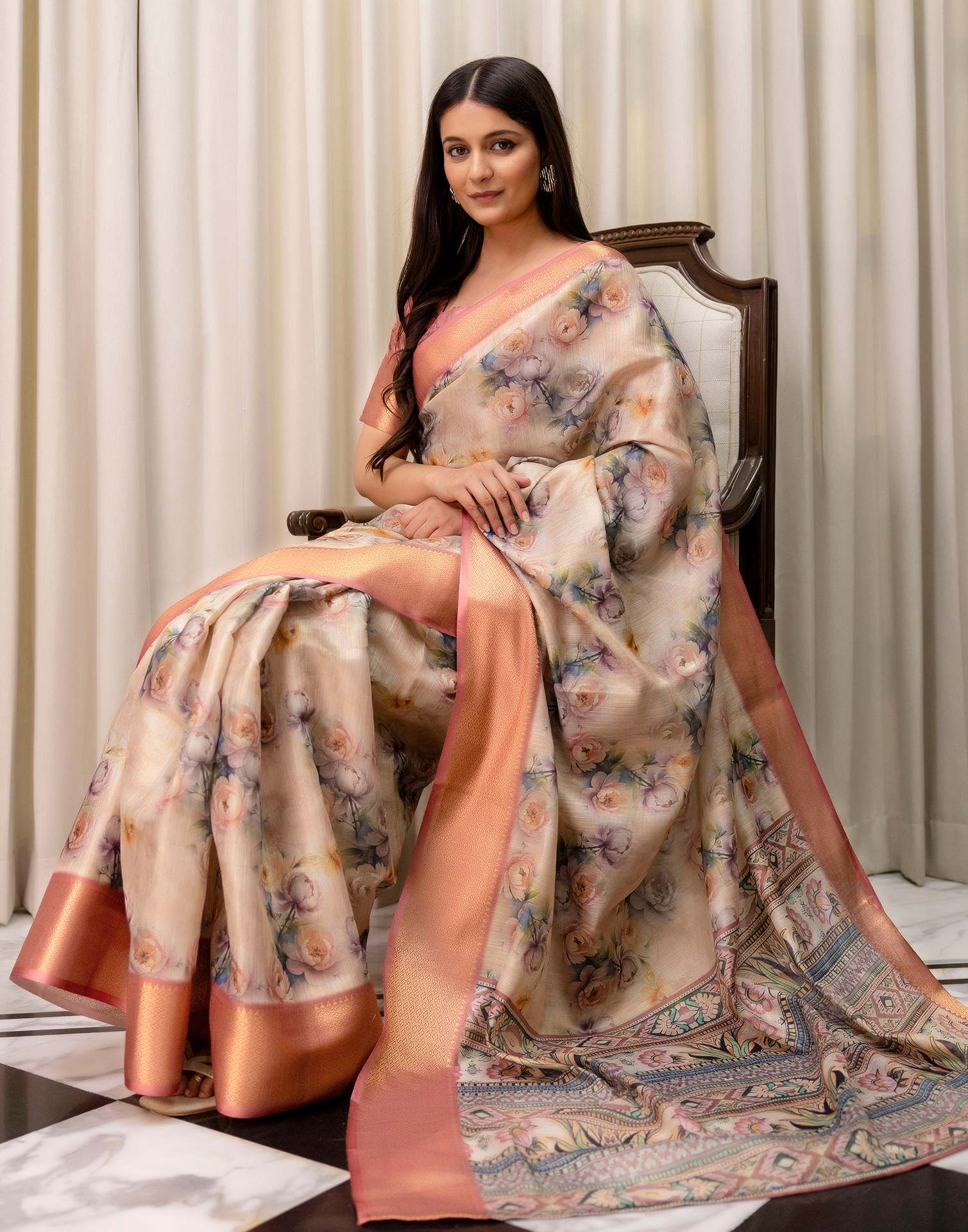 Beige Cotton Silk Floral Printed Saree - Image 7