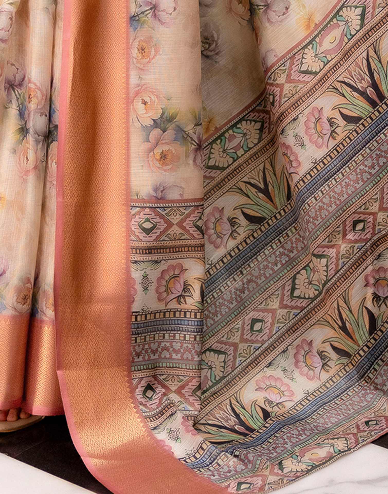 Beige Cotton Silk Floral Printed Saree - Image 8
