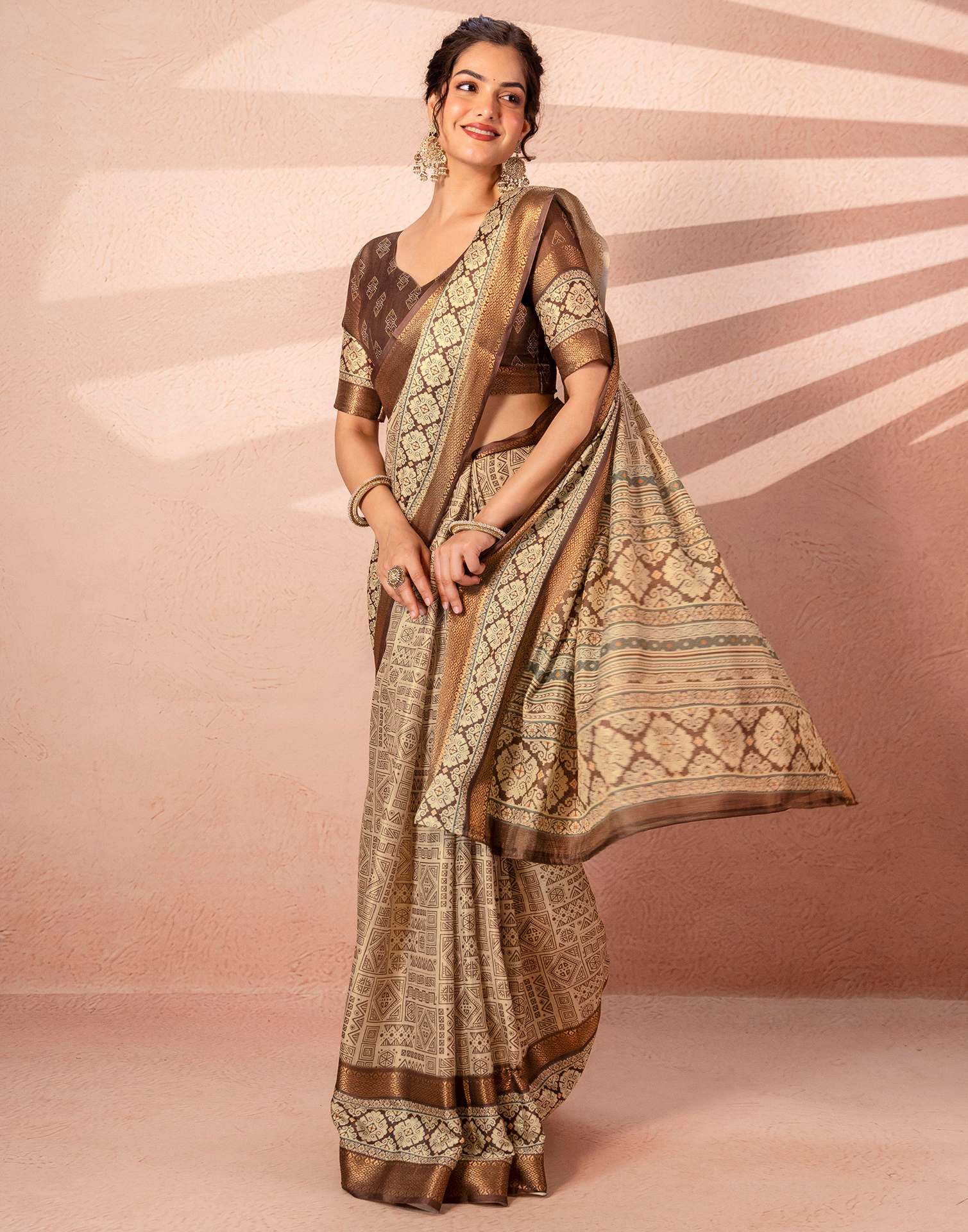 Beige Cotton Silk Printed Woven Border Saree - Image 10