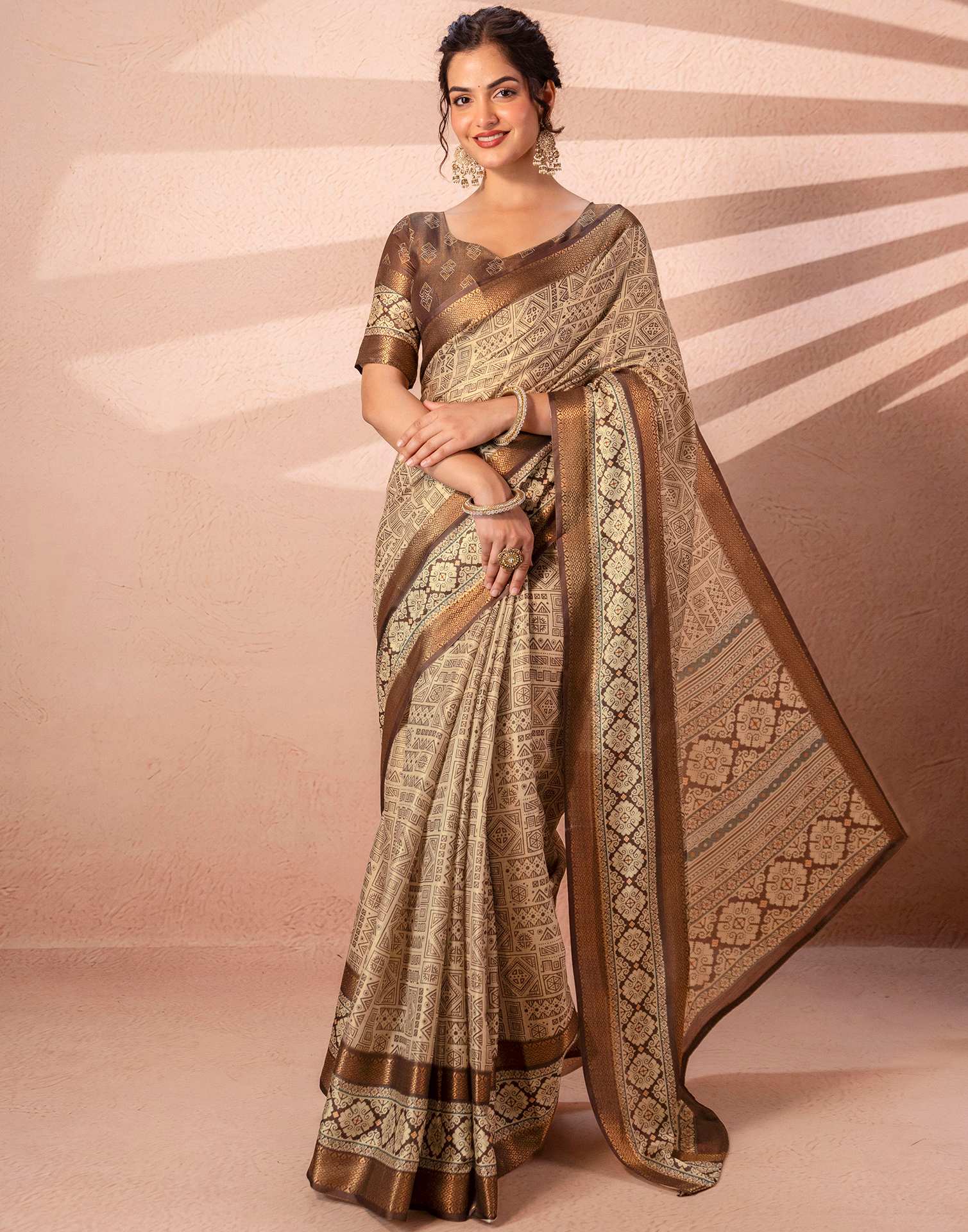 Beige Cotton Silk Printed Woven Border Saree - Image 5