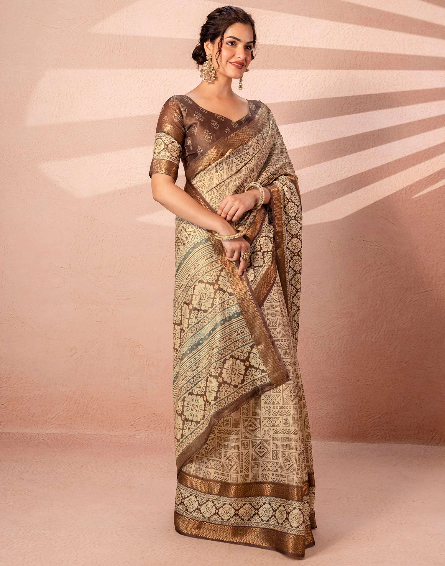 Beige Cotton Silk Printed Woven Border Saree - Image 6