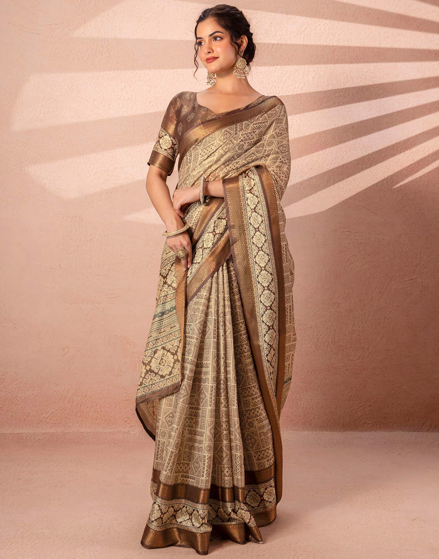 Beige Cotton Silk Printed Woven Border Saree - Image 8