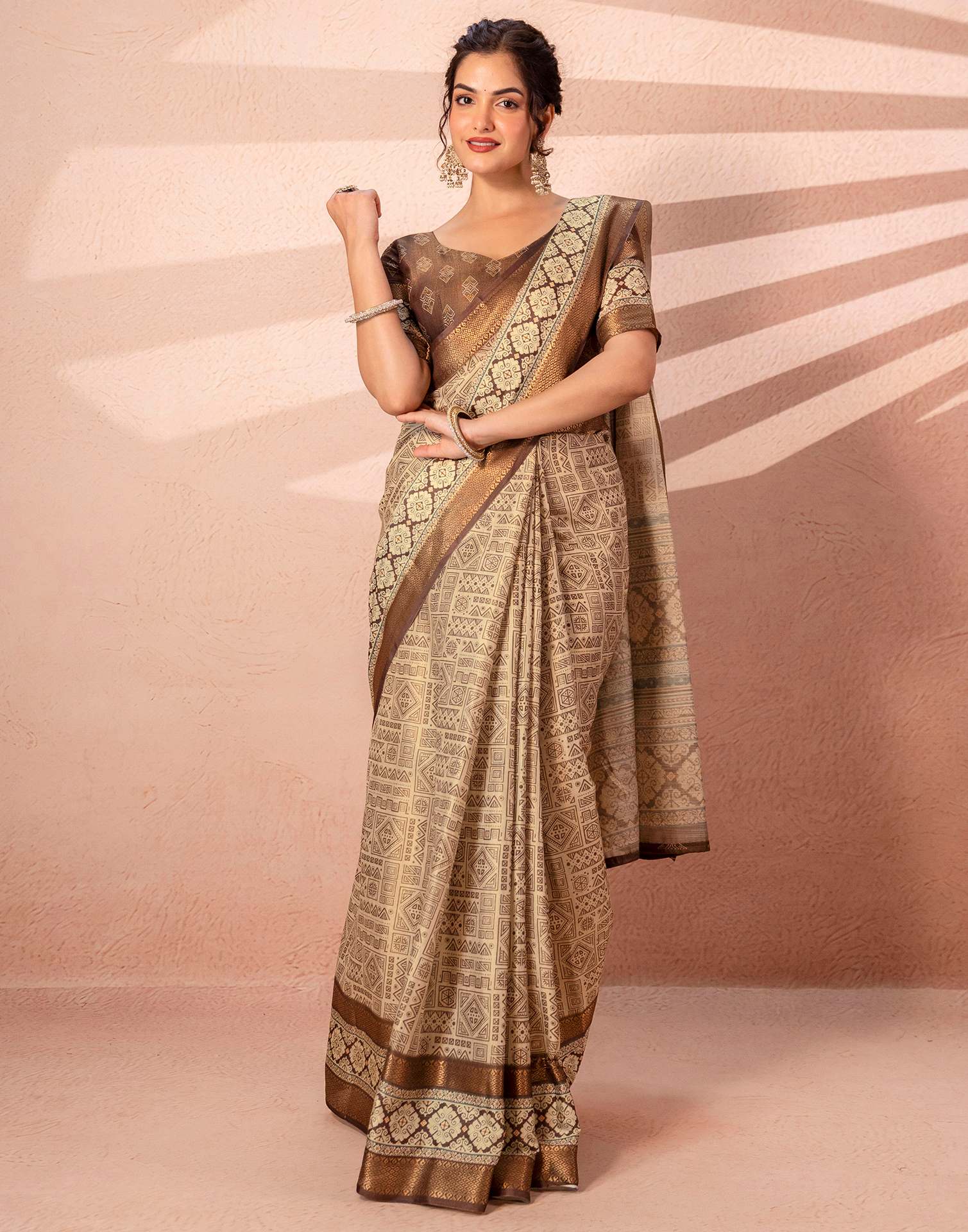 Beige Cotton Silk Printed Woven Border Saree - Image 9