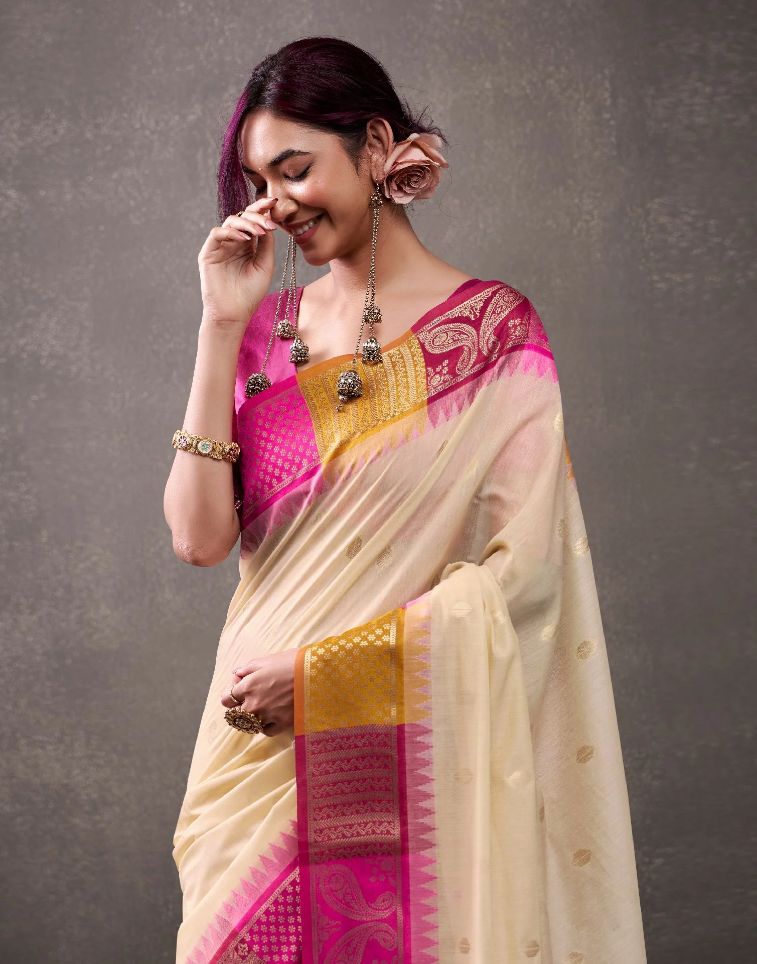 Beige Cotton Woven Banarasi Saree - Image 2