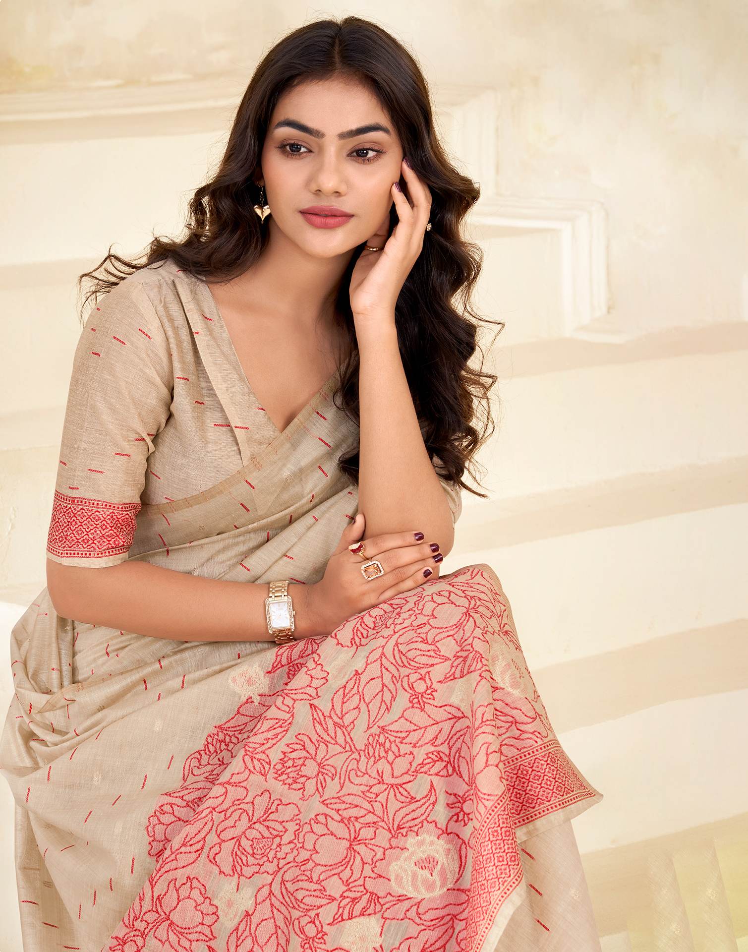 Beige Cotton Woven Printed Saree - Image 2