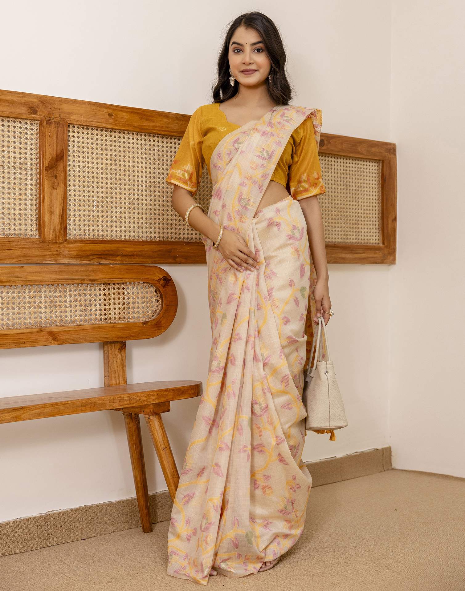 Beige Cotton Woven Saree - Image 10
