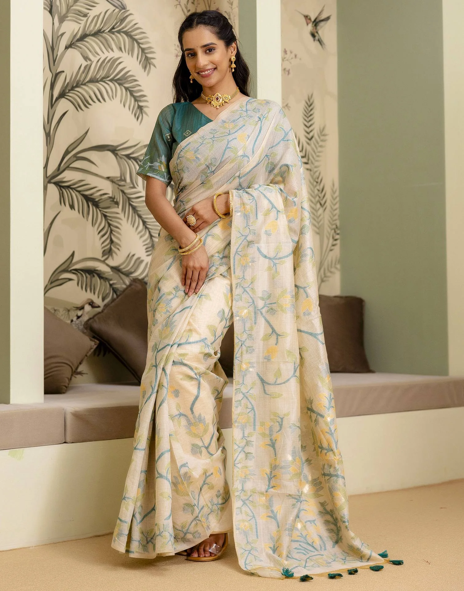 Beige Cotton Woven Saree - Image 6