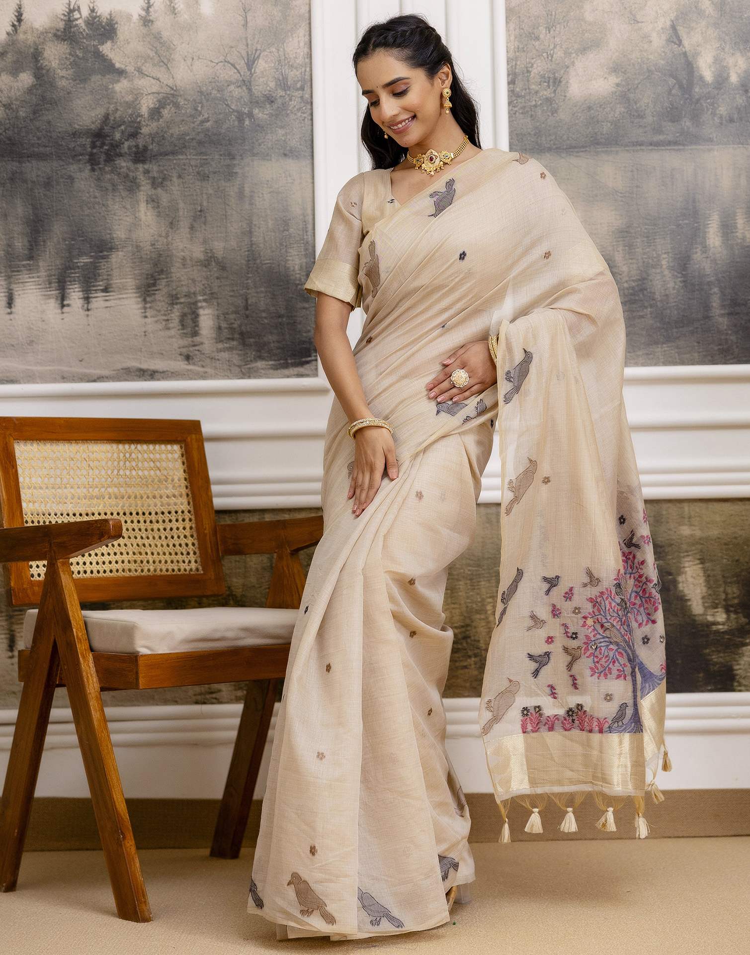 Beige Cotton Woven Saree - Image 10