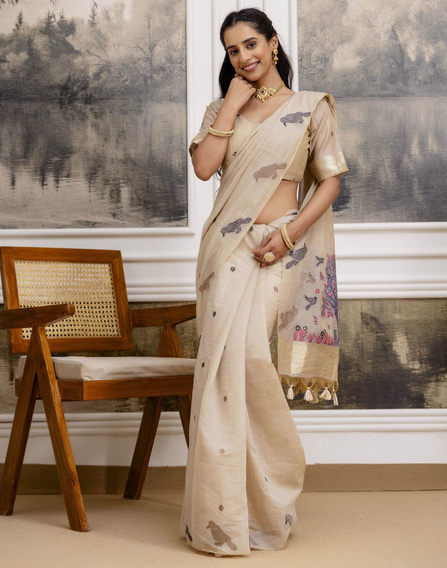 Beige Cotton Woven Saree - Image 11