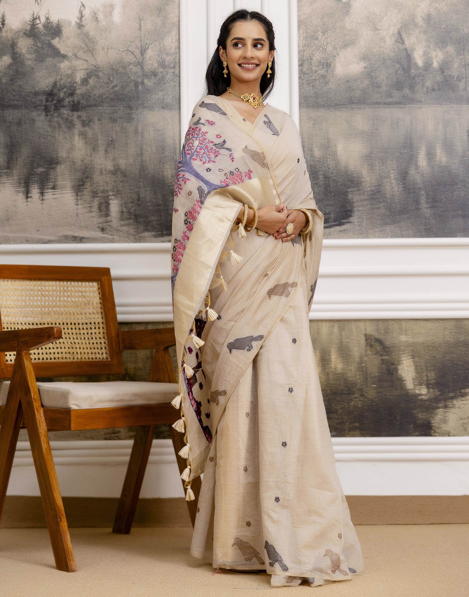 Beige Cotton Woven Saree - Image 6