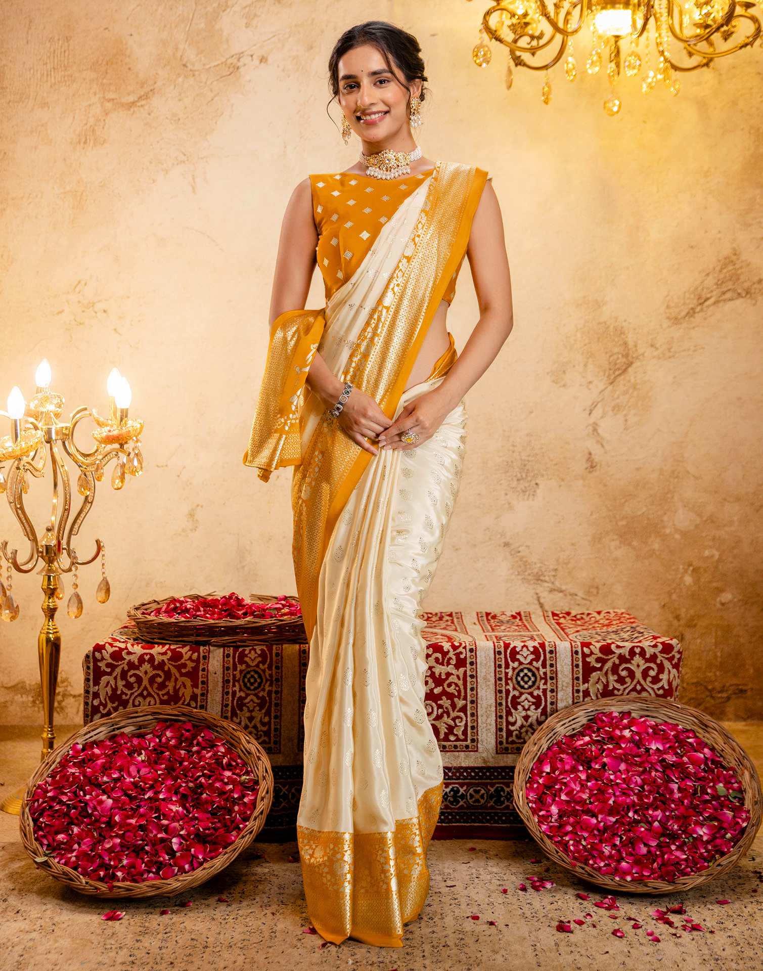 Beige Crepe Silk Foil Printed Saree - Image 8