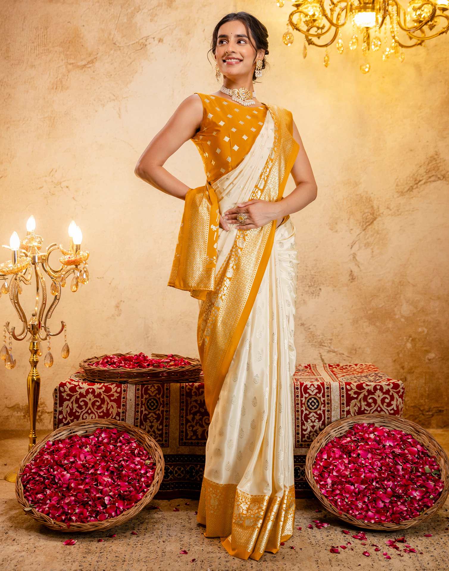 Beige Crepe Silk Foil Printed Saree - Image 9