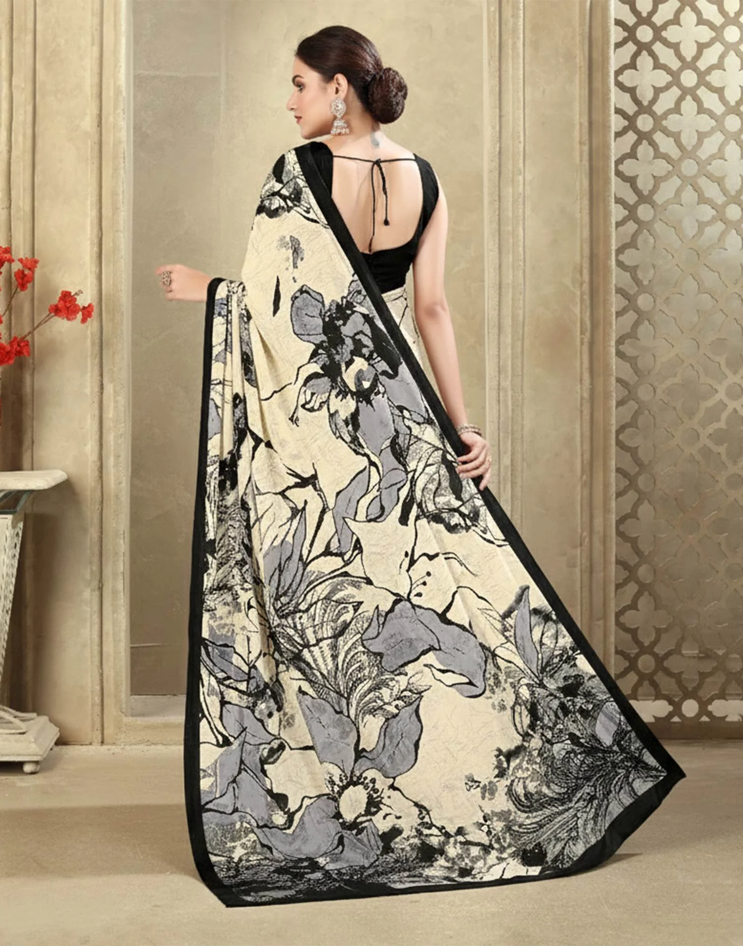 Beige Crepe Silk Printed Saree - Image 5
