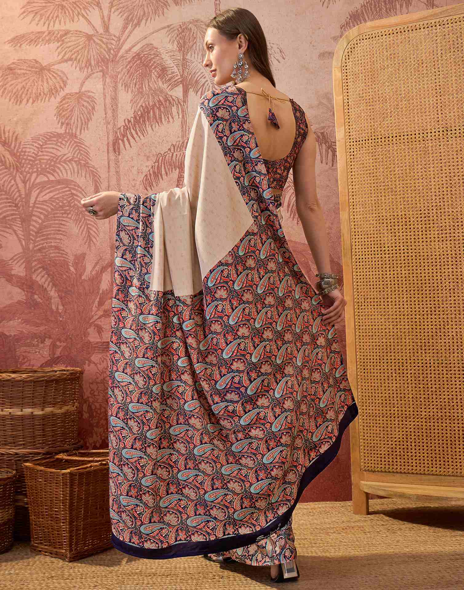 Beige Crepe Silk Printed Saree - Image 6
