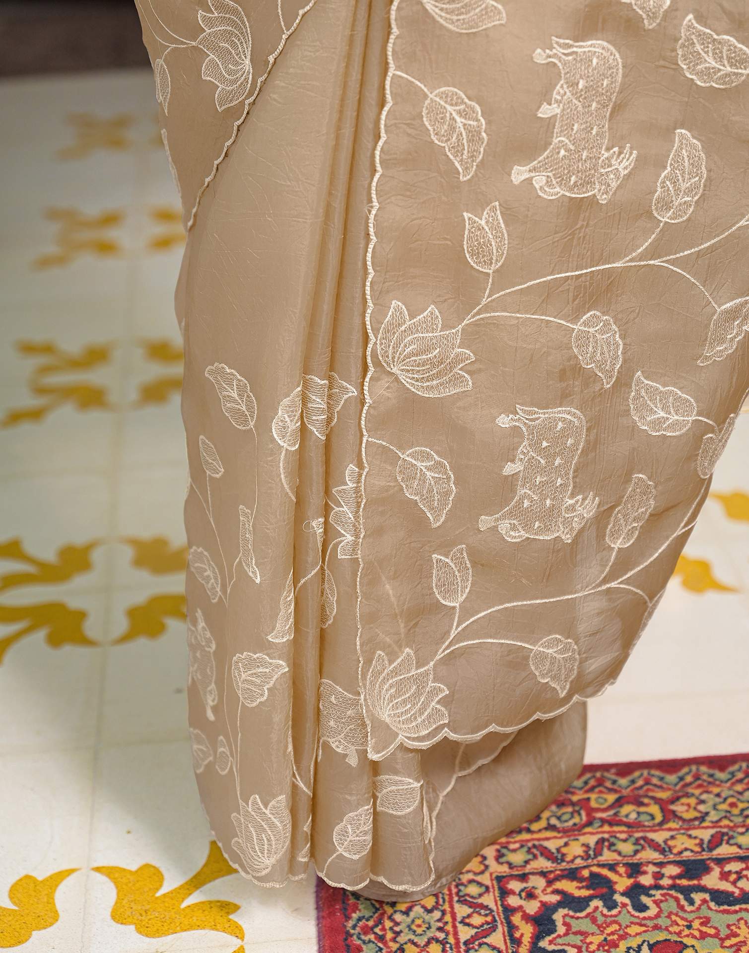 Beige Crush Tissue Embroidery Saree - Image 8