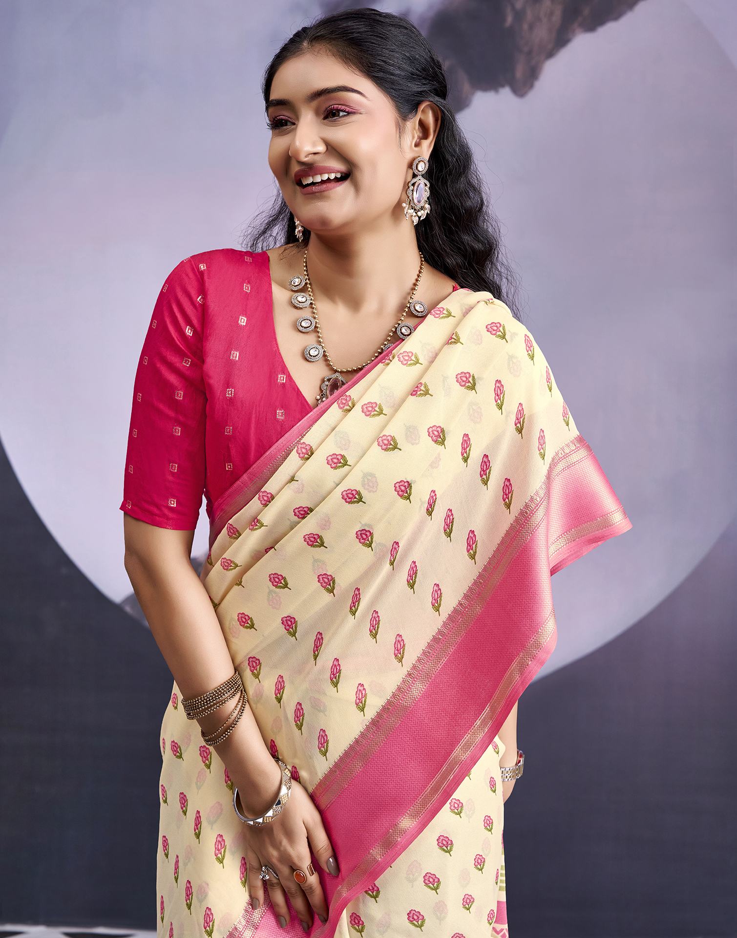Beige Georgette Floral Printed Saree - Image 4