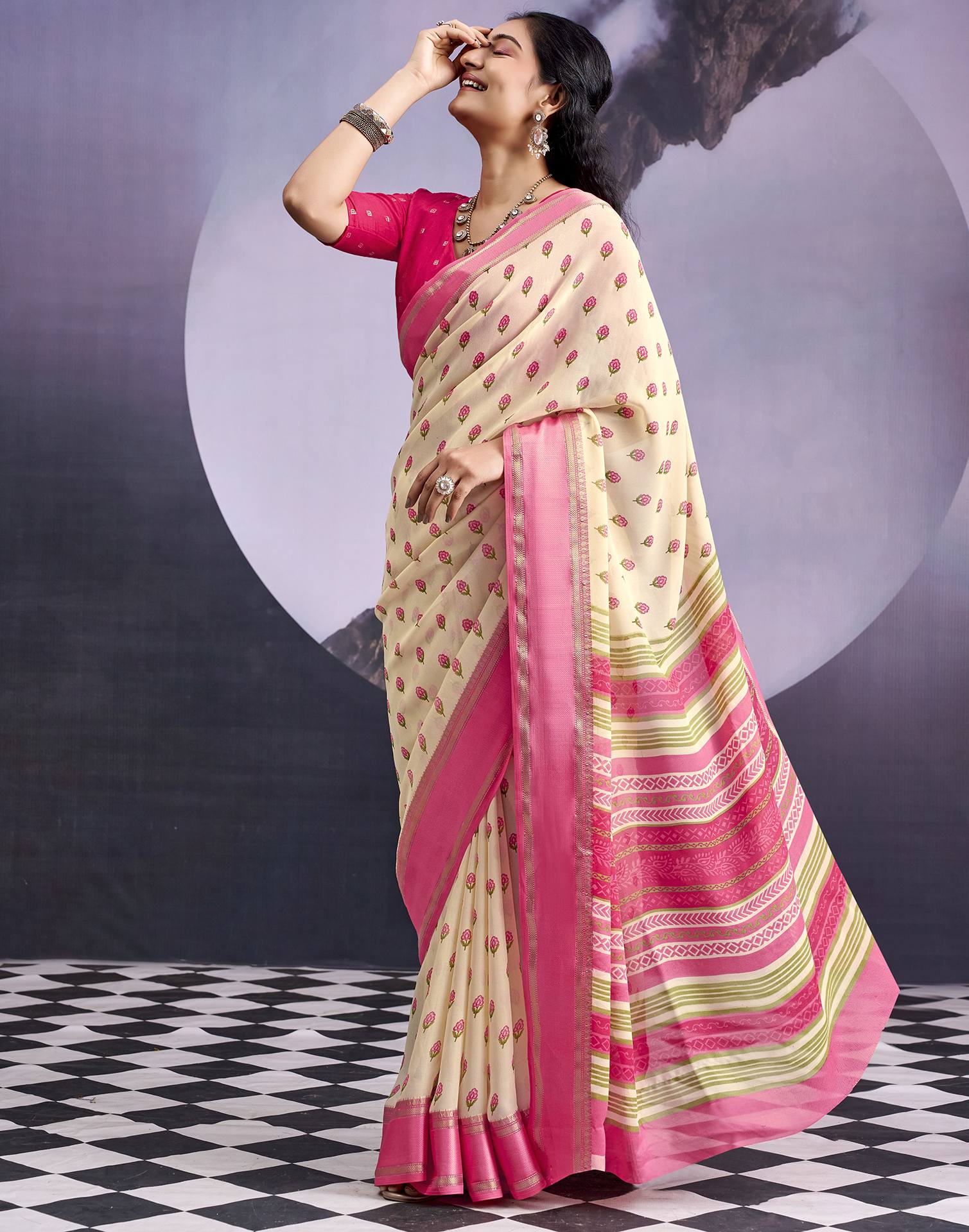 Beige Georgette Floral Printed Saree - Image 5