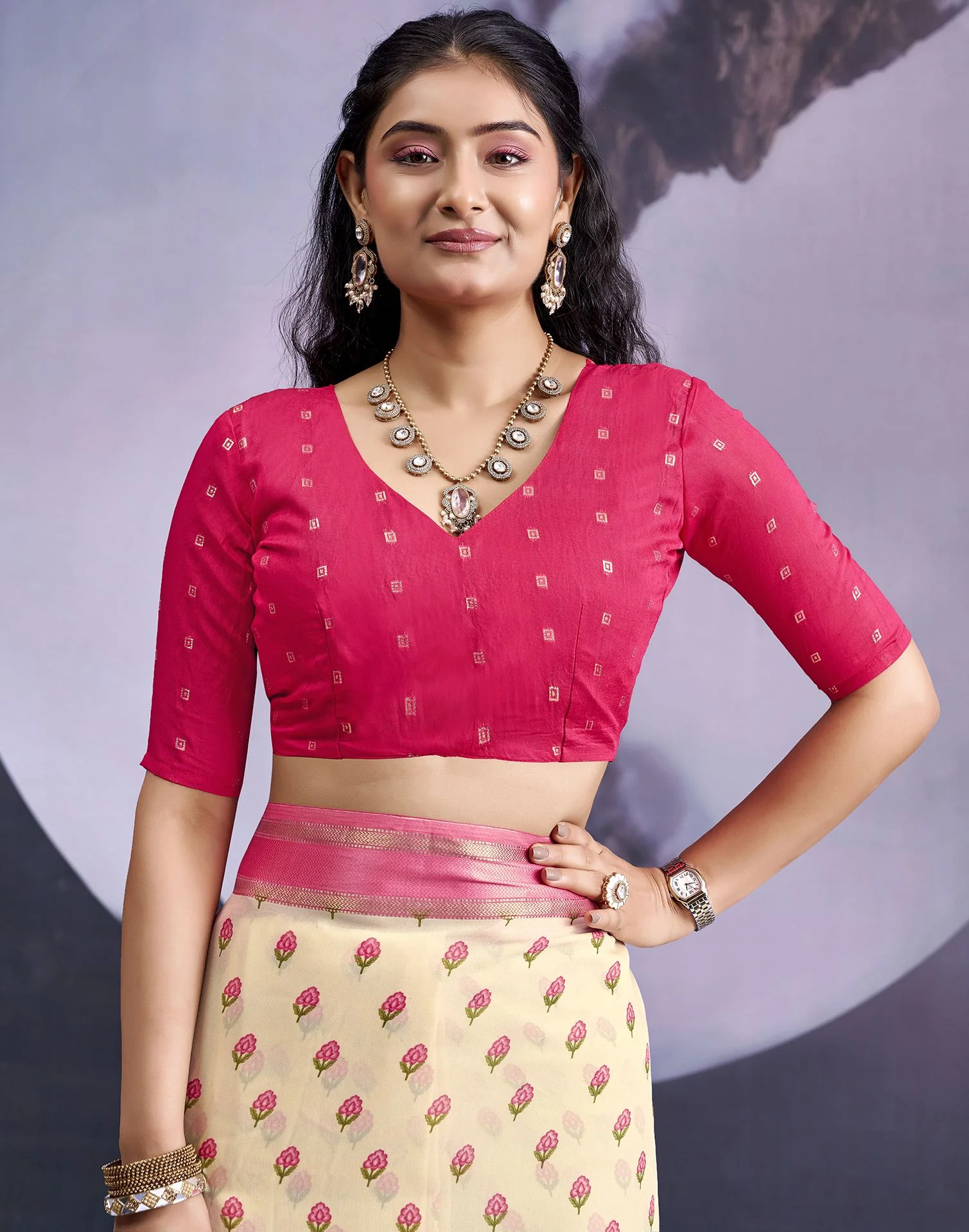Beige Georgette Floral Printed Saree - Image 7