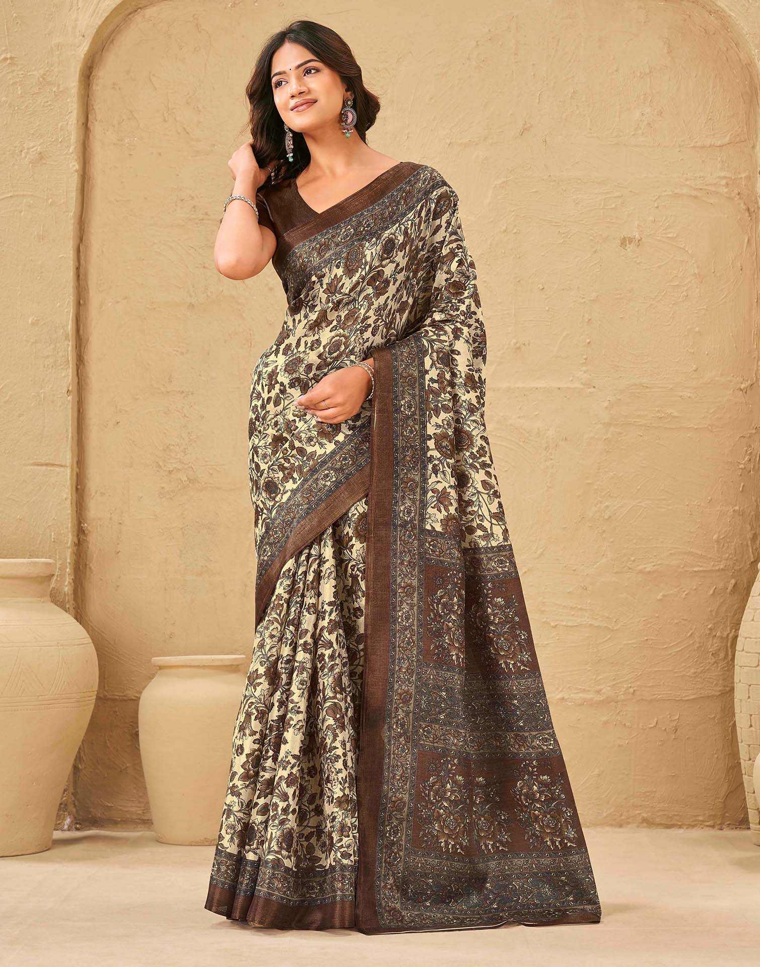 Beige Khadi Floral Printed Saree