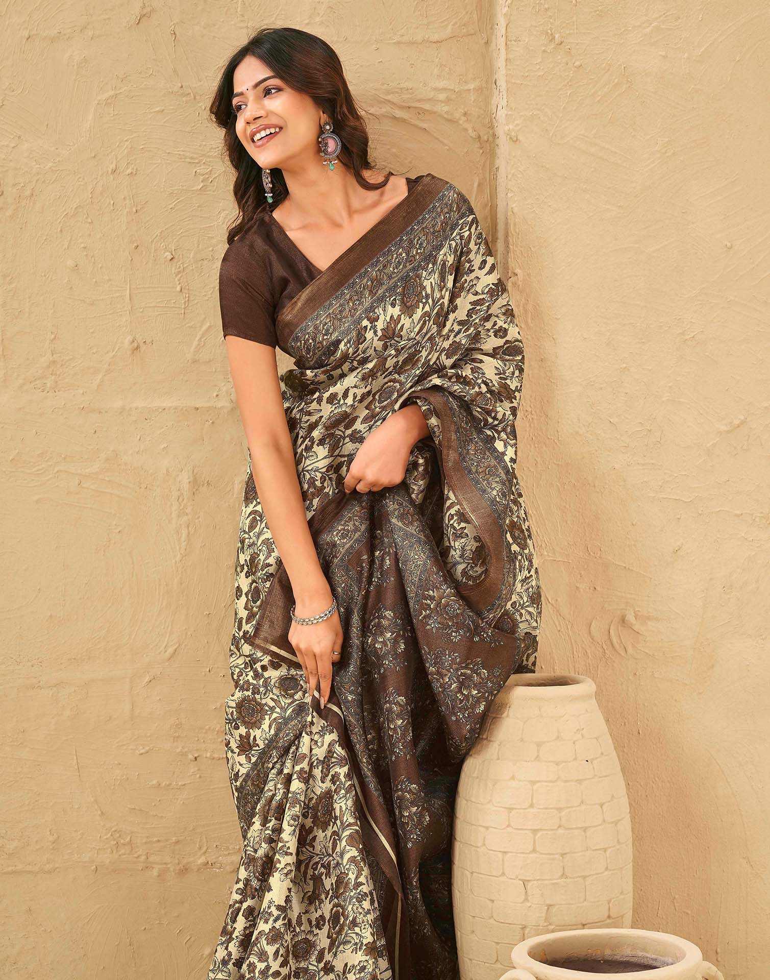 Beige Khadi Floral Printed Saree - Image 2