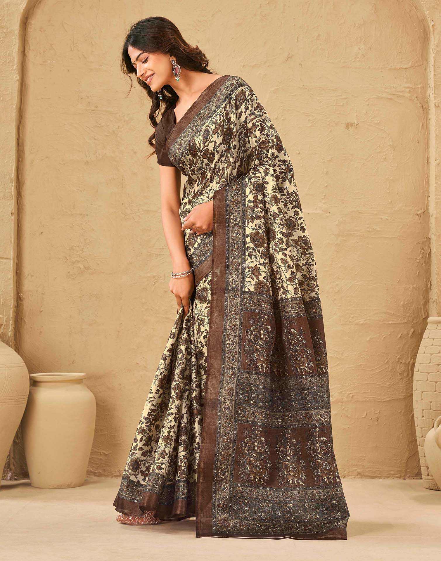 Beige Khadi Floral Printed Saree - Image 4