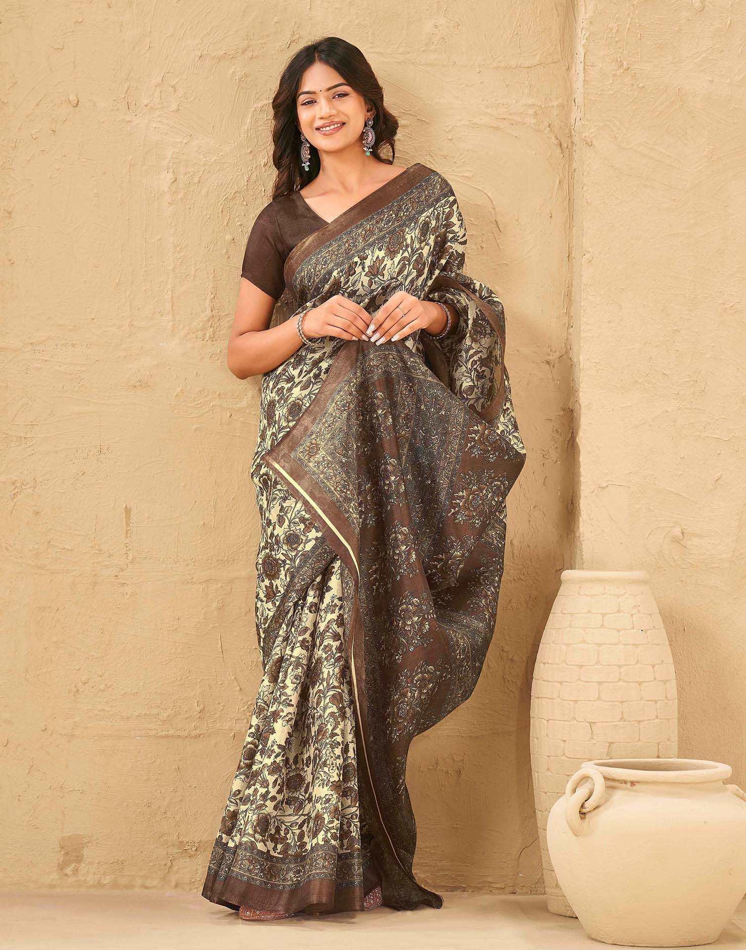 Beige Khadi Floral Printed Saree - Image 5