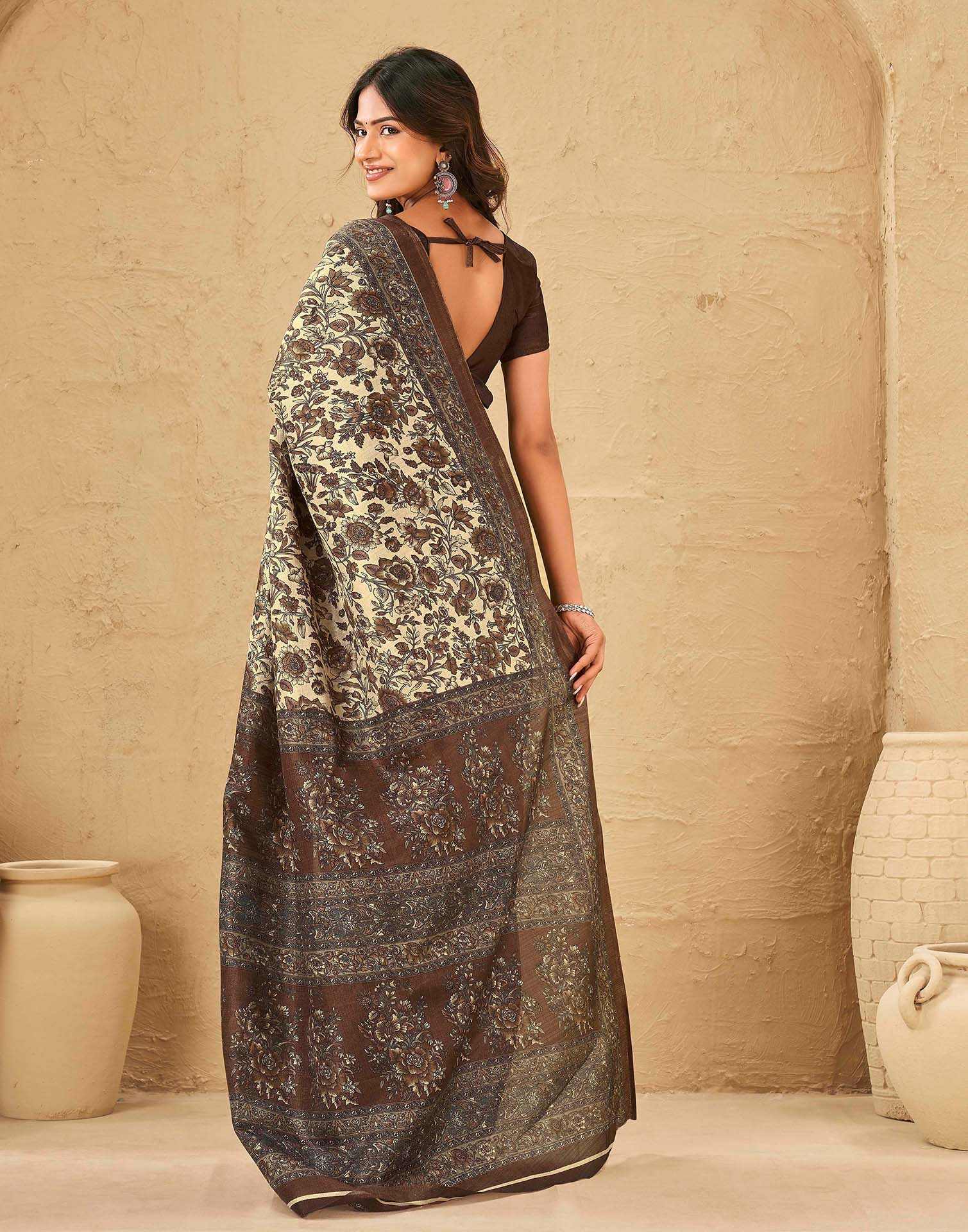 Beige Khadi Floral Printed Saree - Image 6