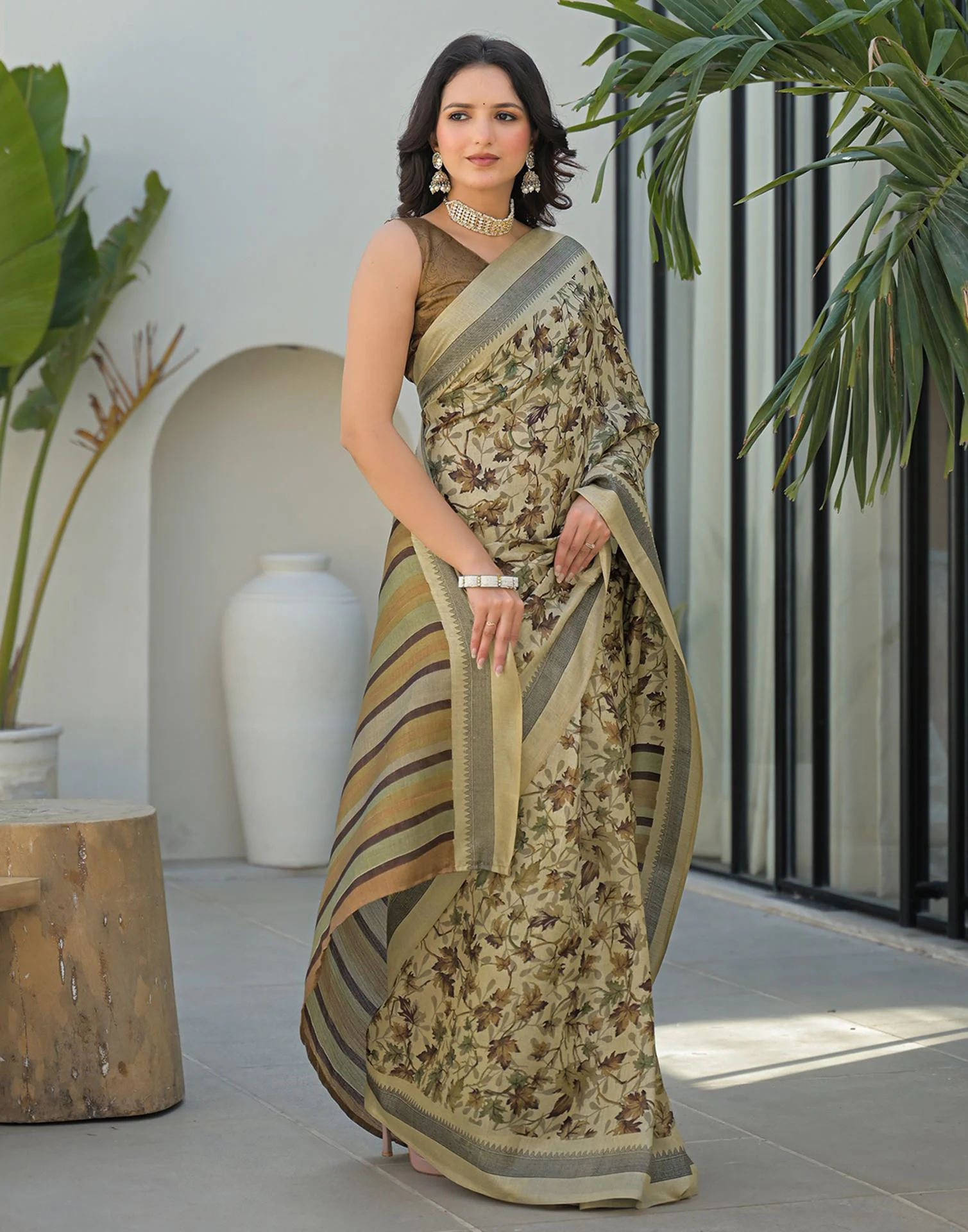 Beige Khadi Printed Saree - Image 6