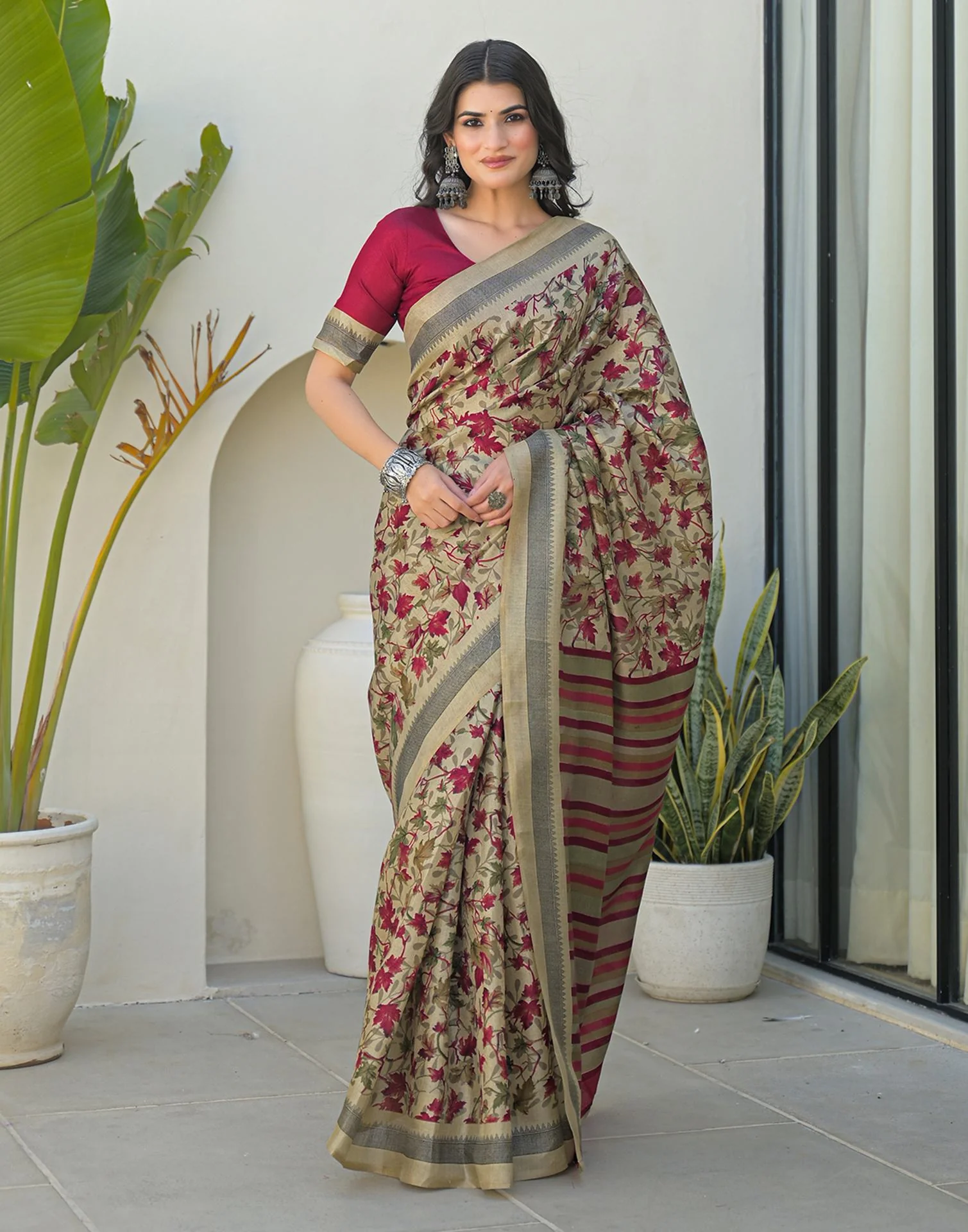 Beige Khadi Printed Saree - Image 2