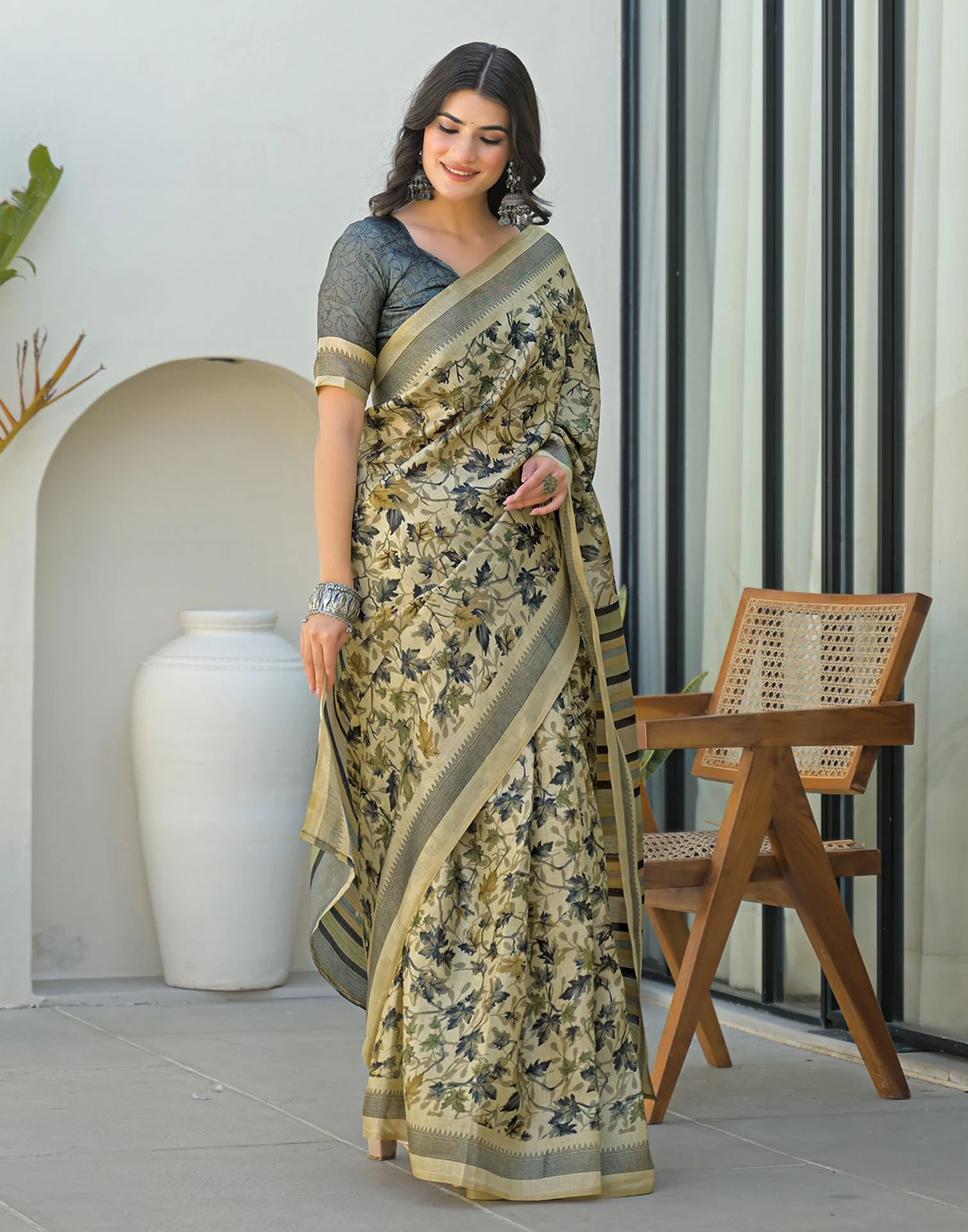 Beige Khadi Printed Saree - Image 6