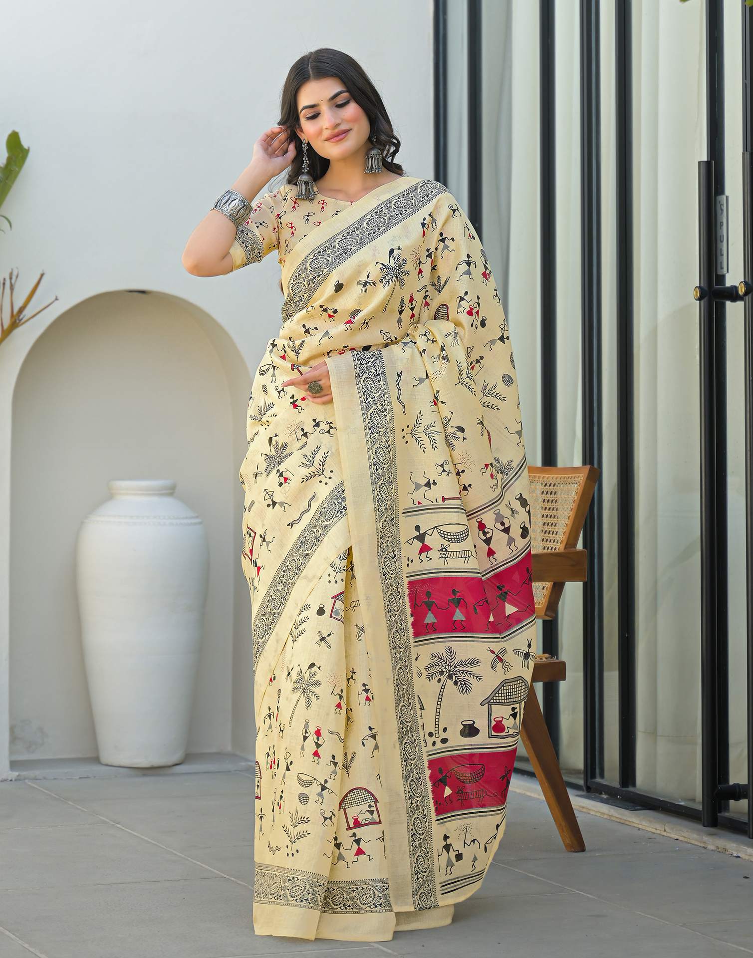 Beige Khadi Printed Saree - Image 2