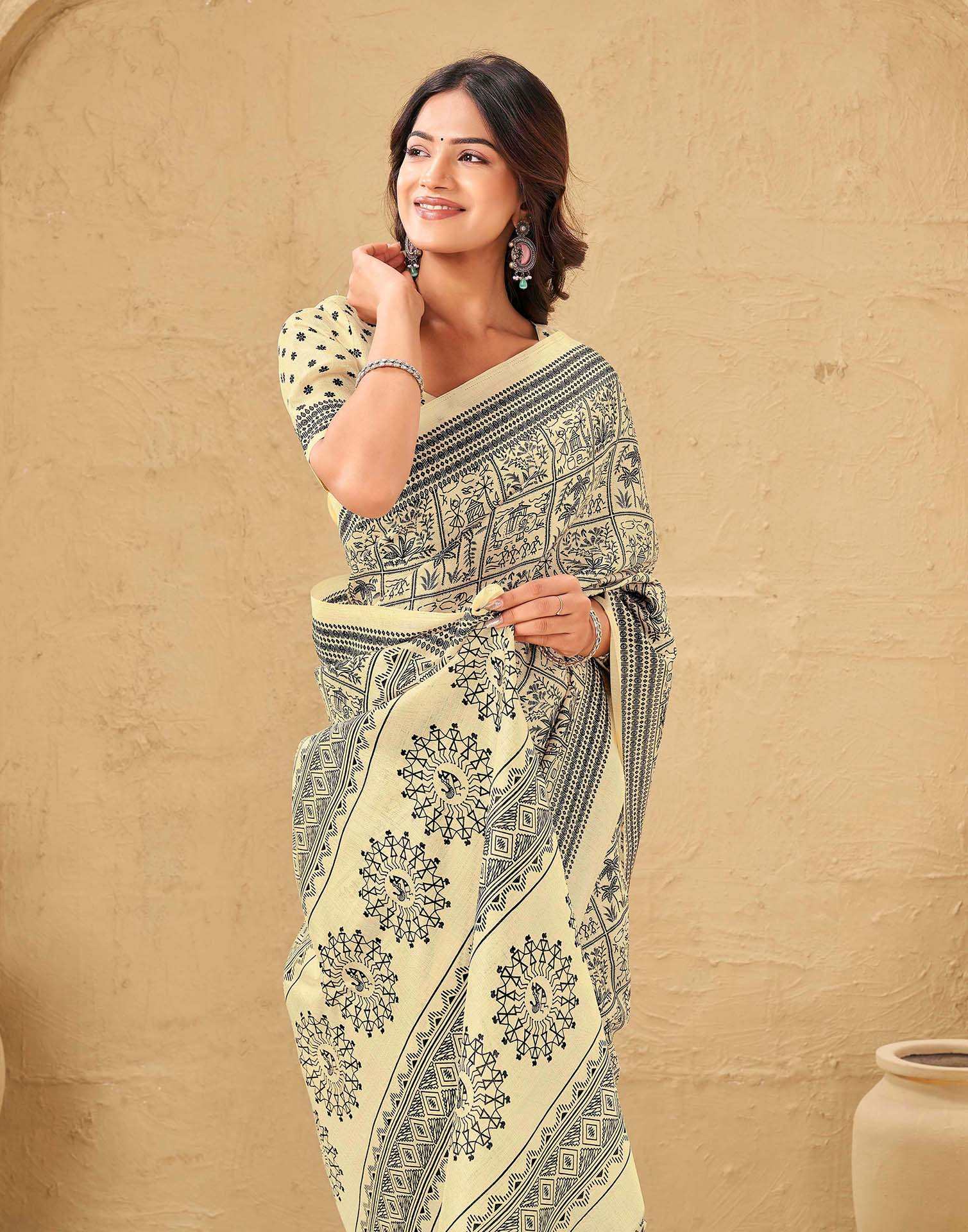 Beige Khadi Printed Saree - Image 2