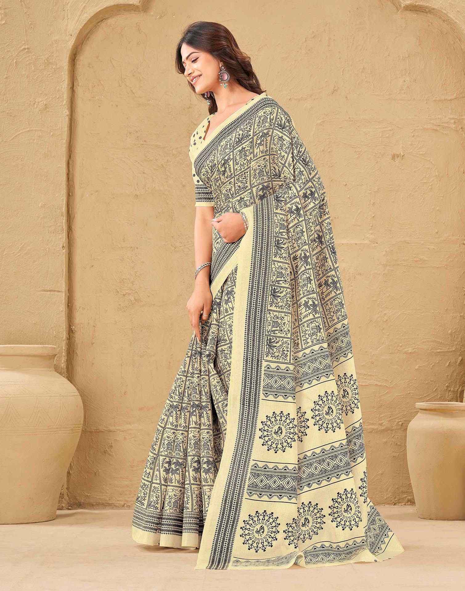 Beige Khadi Printed Saree - Image 4