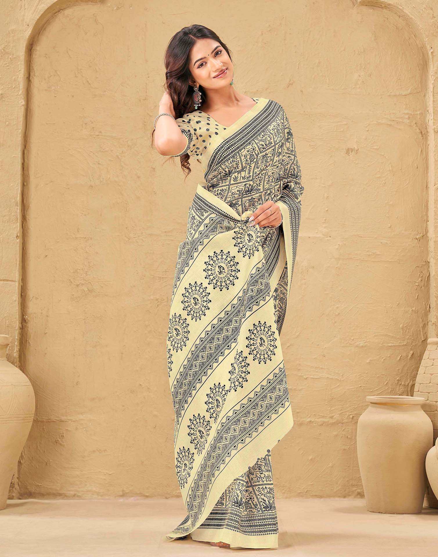 Beige Khadi Printed Saree - Image 5