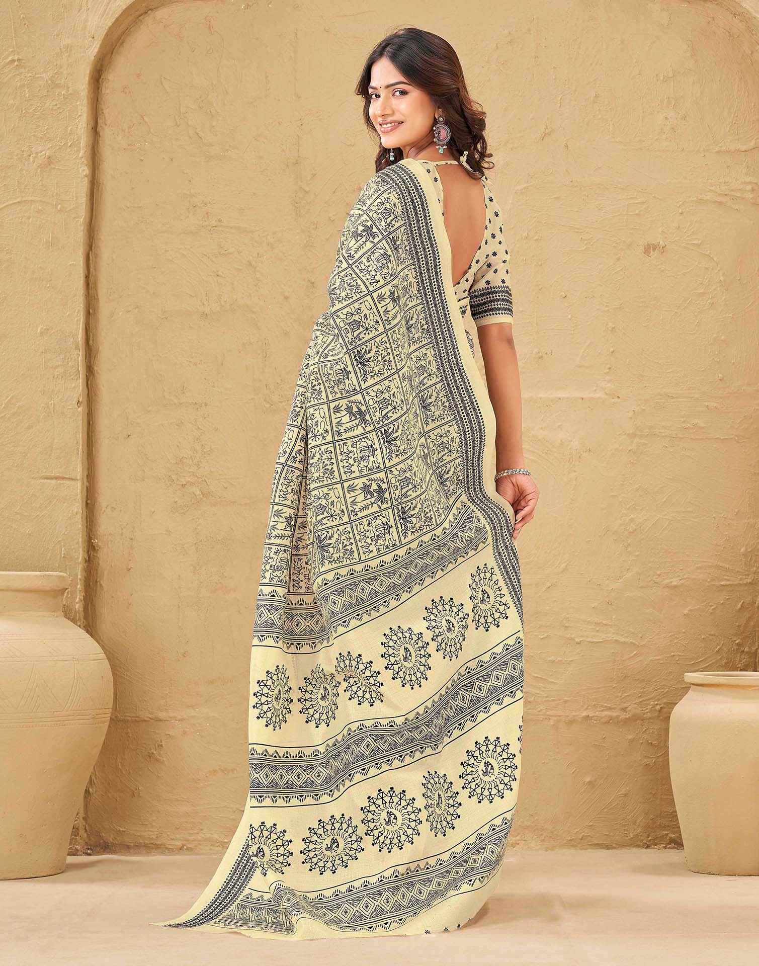 Beige Khadi Printed Saree - Image 6