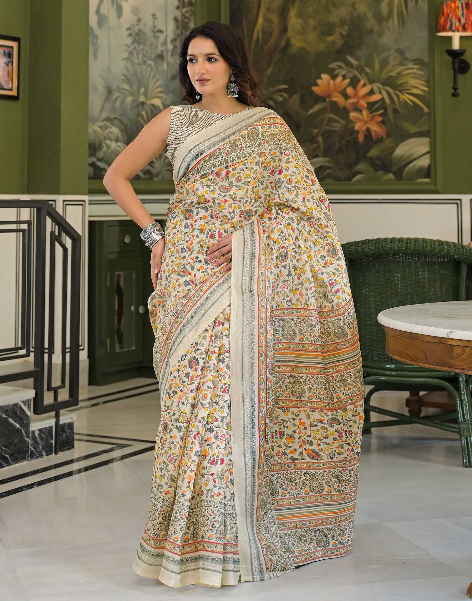 Beige Khadi Printed Saree - Image 2