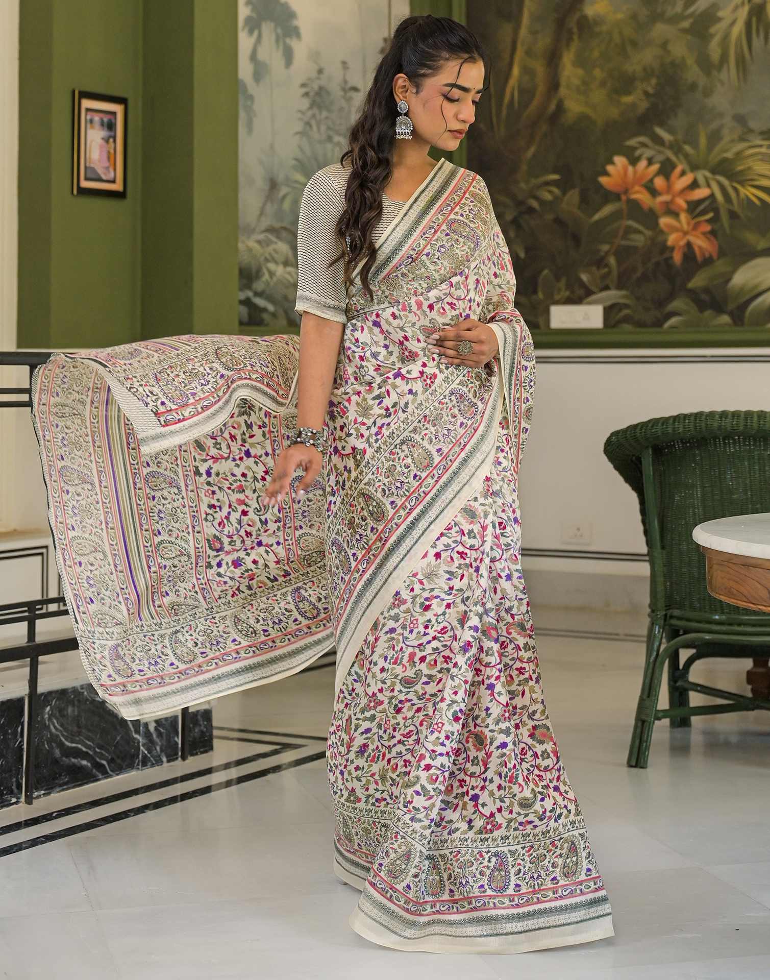 Beige Khadi Printed Saree - Image 7