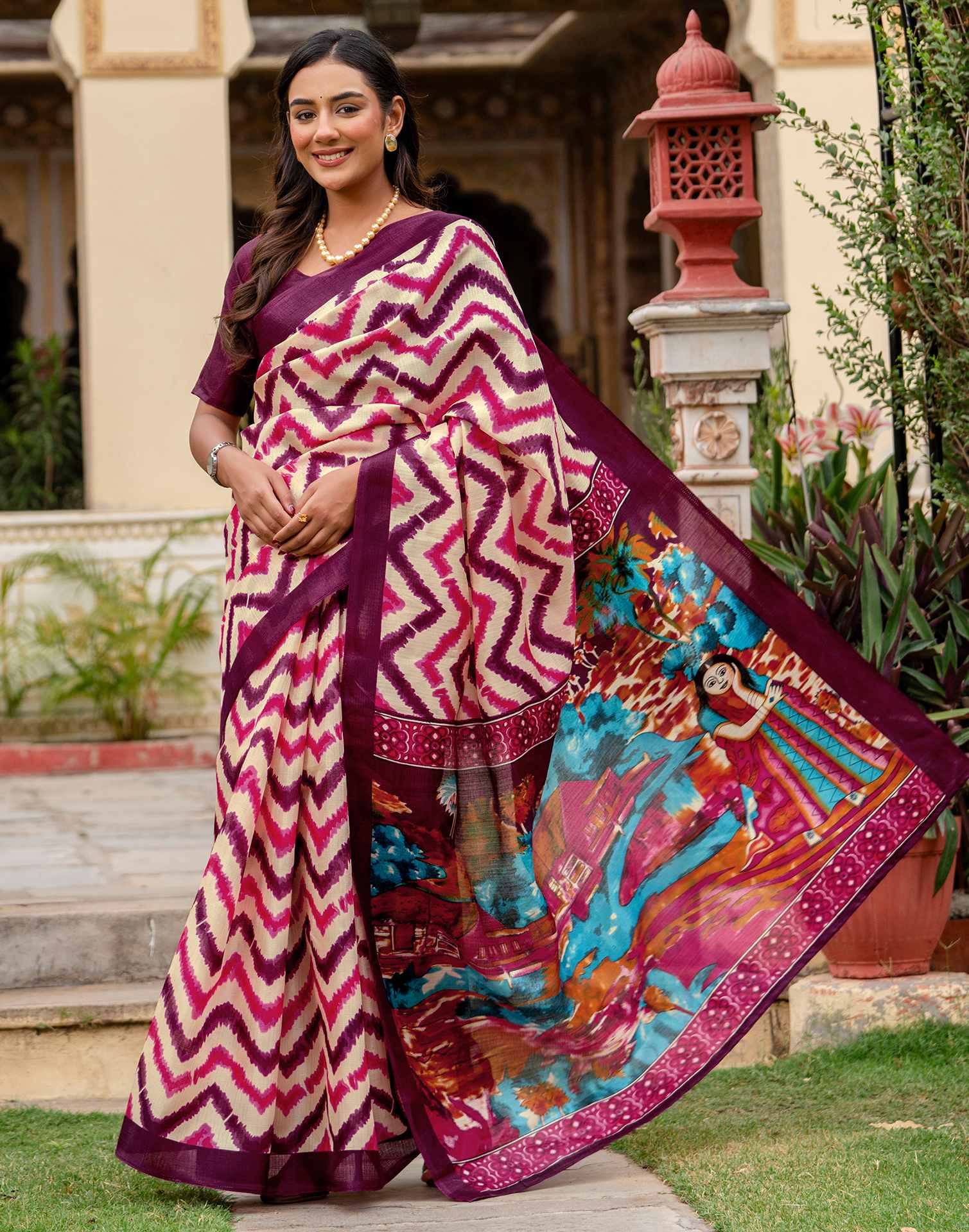 Beige Khadi Printed Saree - Image 5