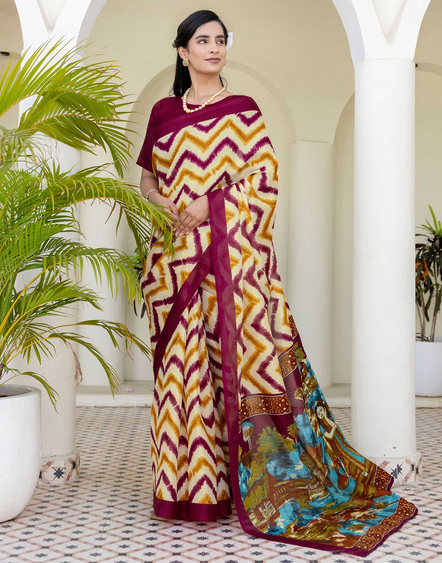 Beige Khadi Printed Saree - Image 4