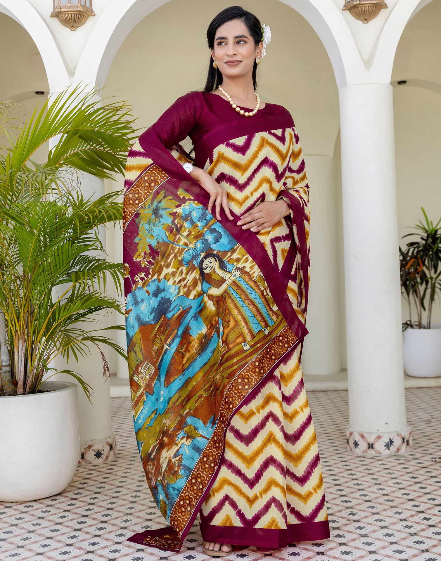 Beige Khadi Printed Saree - Image 5