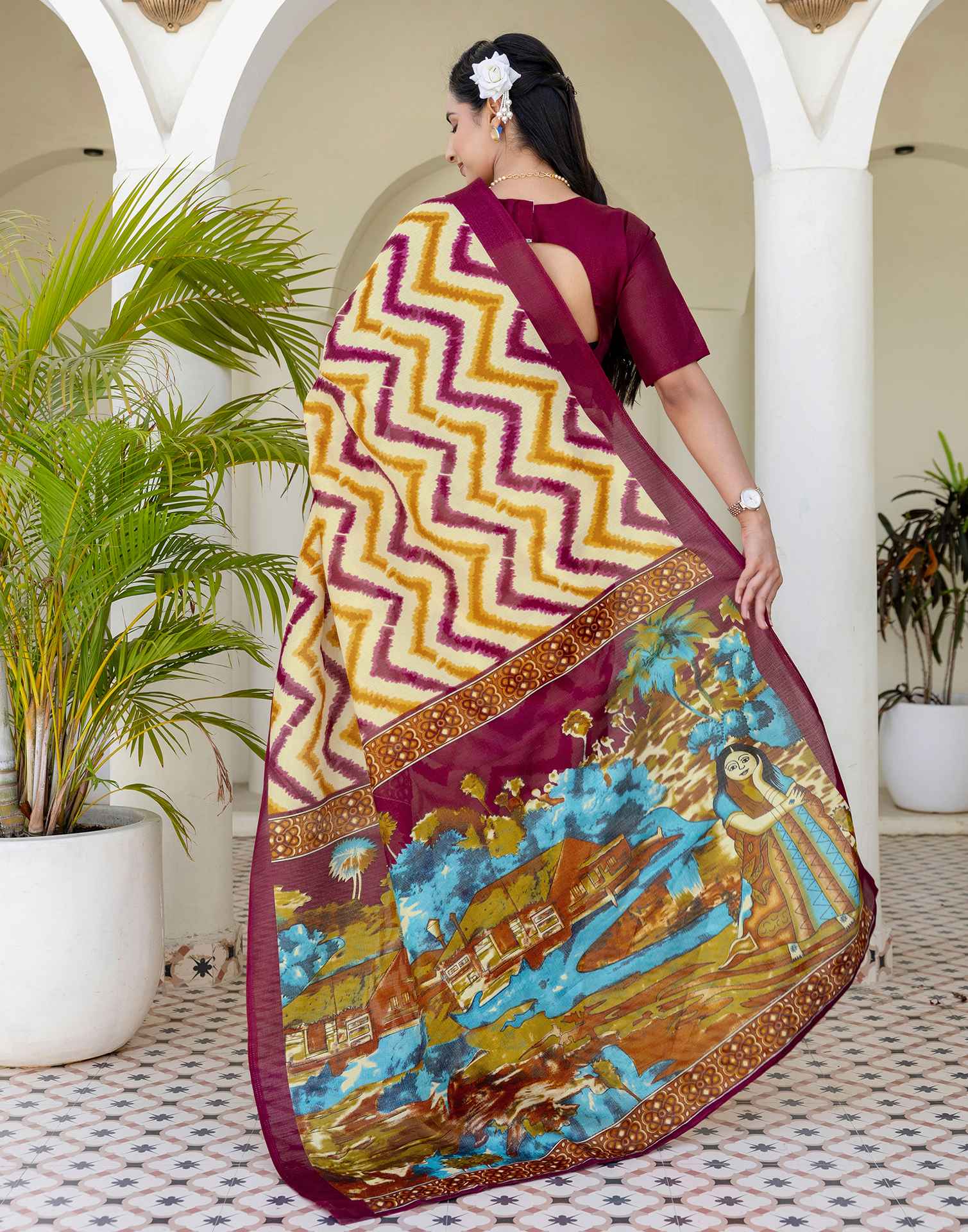 Beige Khadi Printed Saree - Image 6