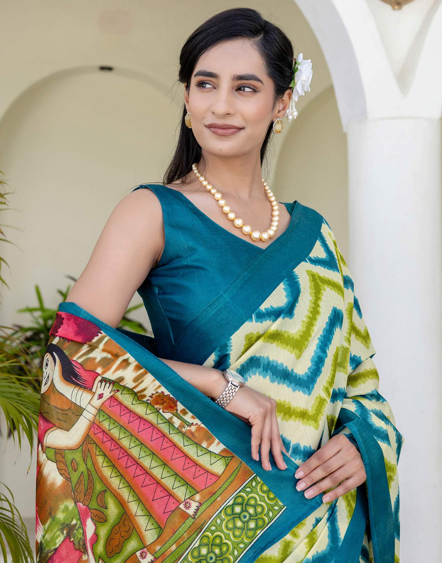 Beige Khadi Printed Saree - Image 5