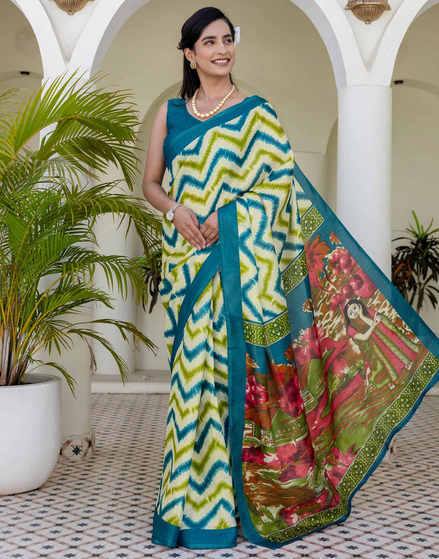 Beige Khadi Printed Saree - Image 6
