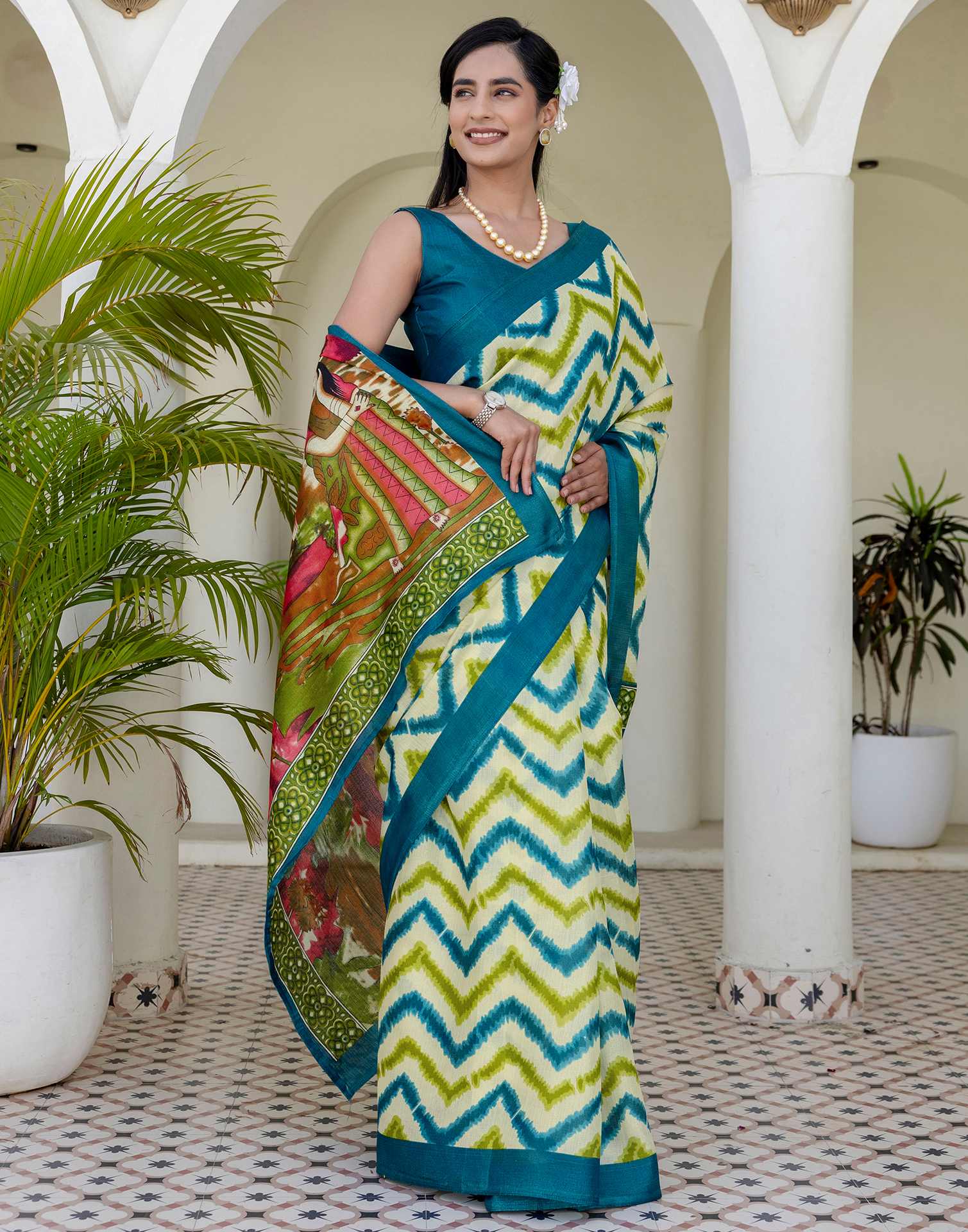 Beige Khadi Printed Saree - Image 7